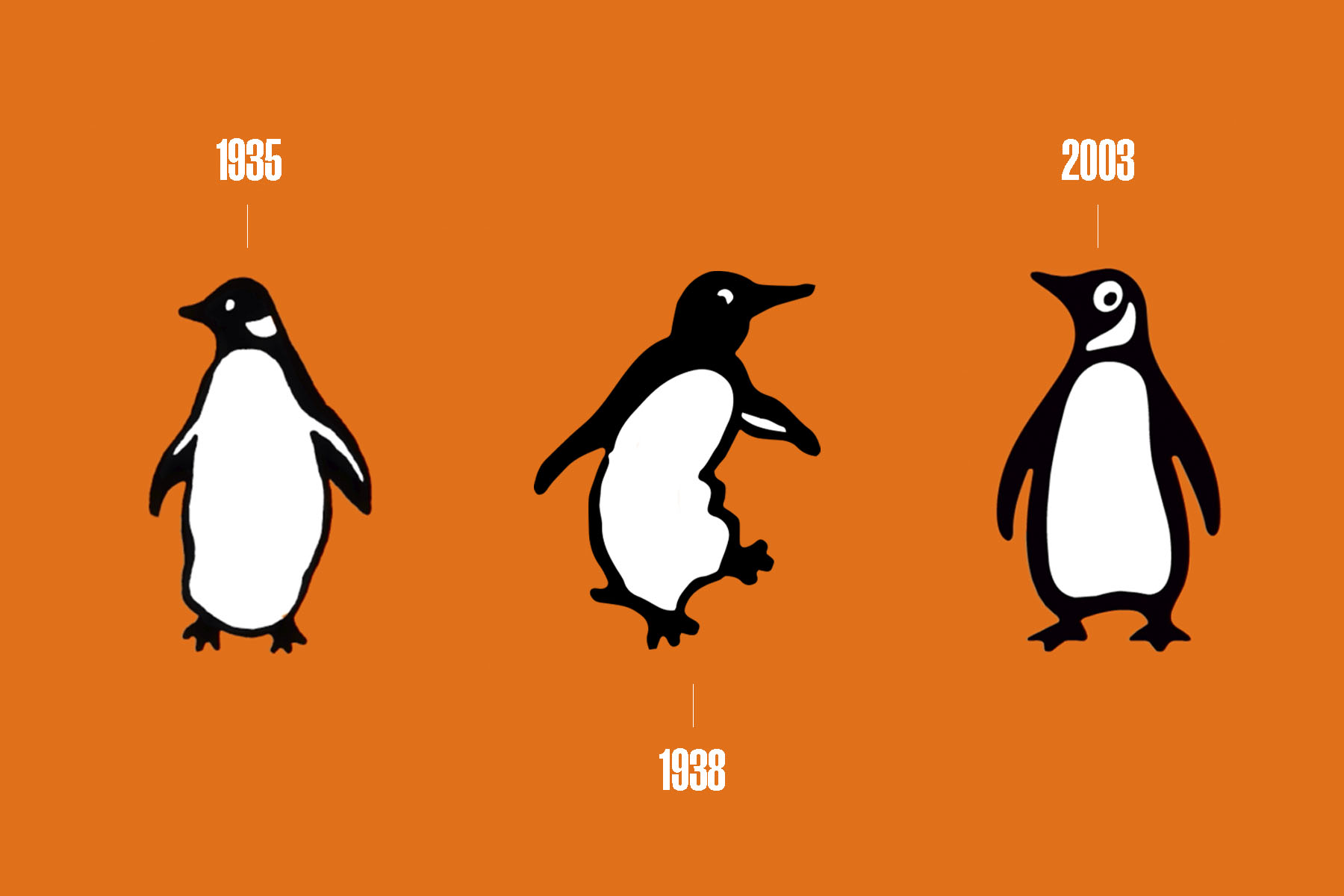 Three of the penguins from the Penguin Books logo, one from 1935, one from 1938 and one from 2003, on an orange background.