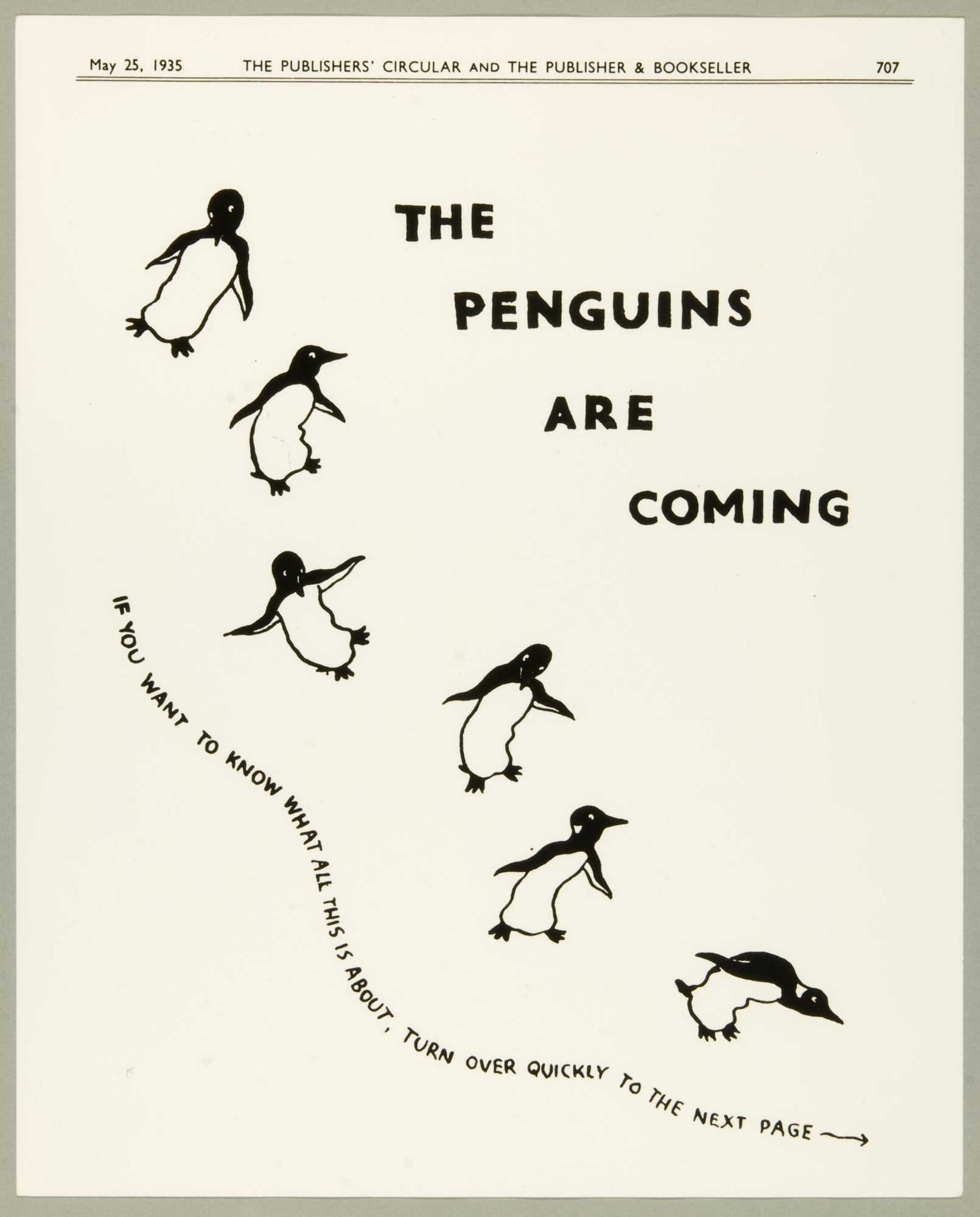 An advert from 1935 for Penguin books, showing six penguins in various positions with the words 'The Penguins are coming' in block capitals down the side.