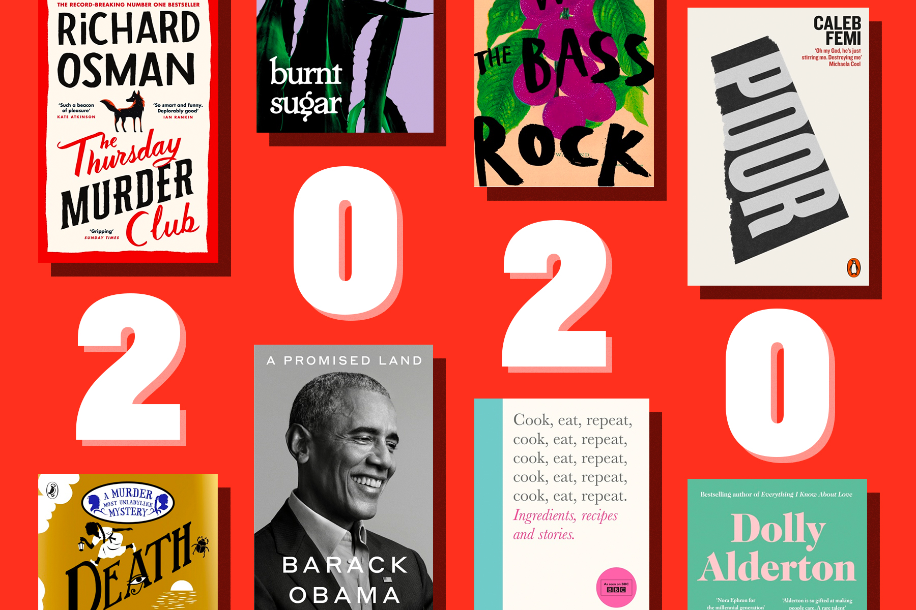 Collage of books out in 2020, including Richard Osman's The Thursday Murder Club, Robin Stevens' Death Sets Sail, Avni Doshi's Burnt Sugar, Barack Obama's A Promised Land, Evie Wyld's The Bass Rock, Nigella Lawson's Cook, Eat, Repeat, Caleb Femi's Poor and Dolly Alderton's Ghosts, on a read background in two rows, with 2020 in white letters in the middle of the rows.