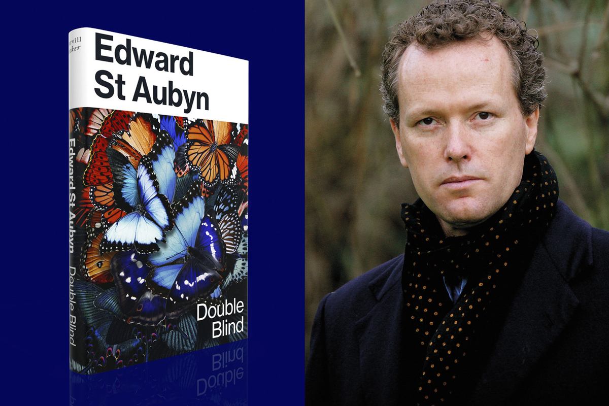 Packshot of Double Blind by Edward St Aubyn against a deep blue background, next to a portrait of Edward St Aubyn photographed against a woodland background.
