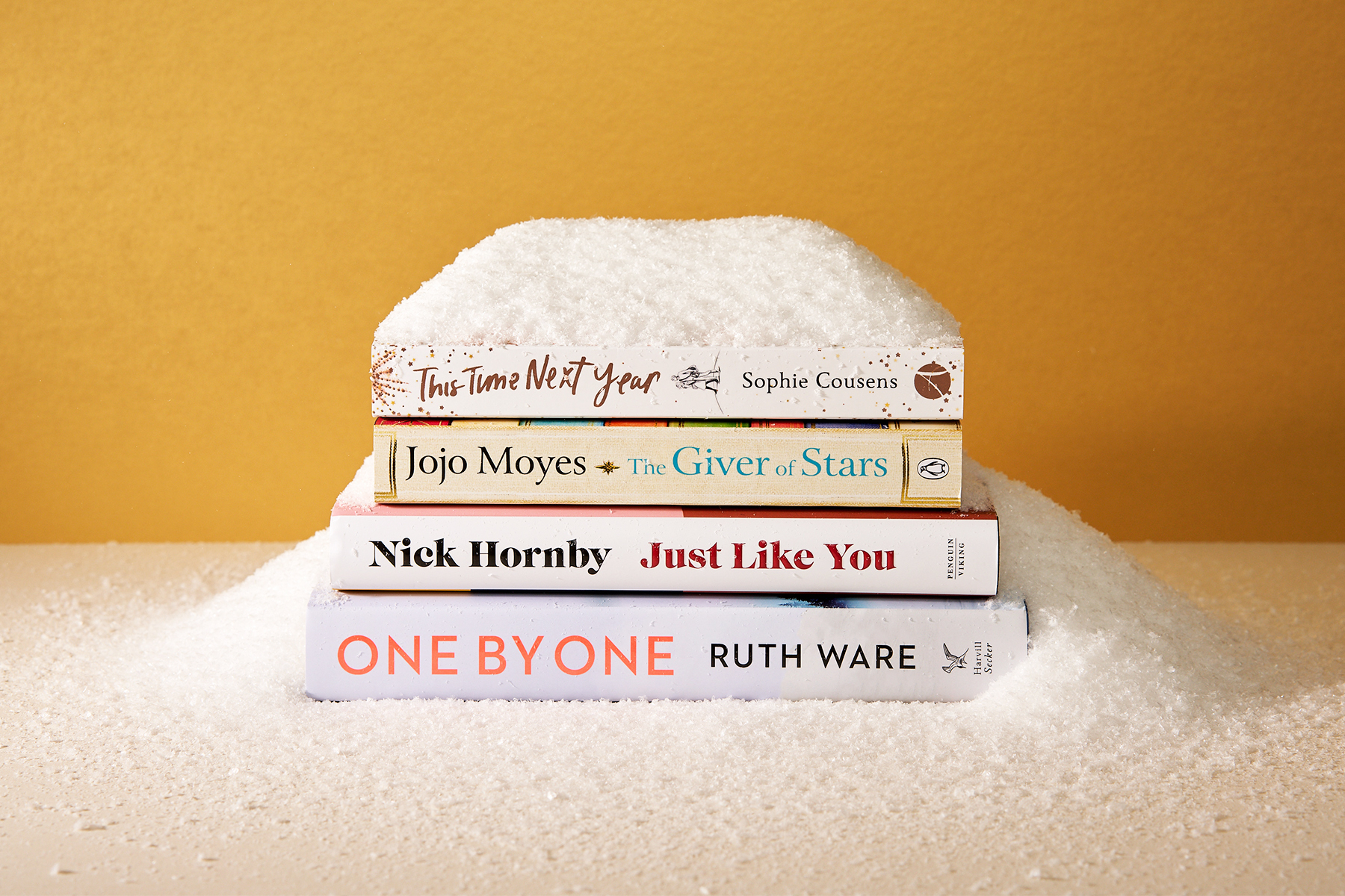 Image of a stack of books, surrounded by snow