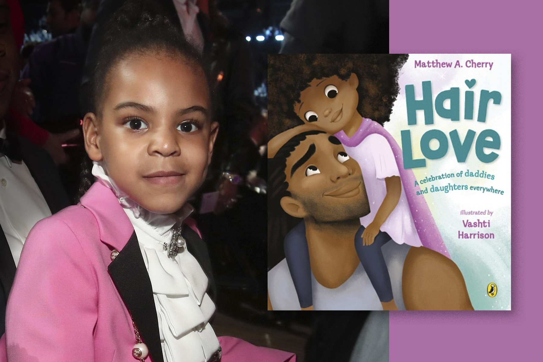 A photograph of Blue Ivy Carter, left, and the cover of Hair Love. 
