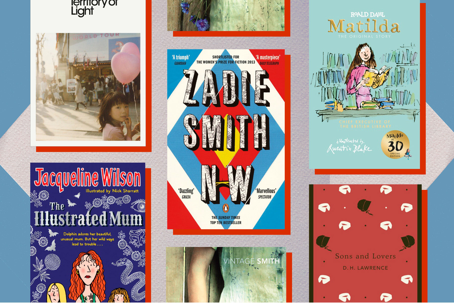 Book covers for Territory of Light, The Illustrated Mum, NW, Matilda and Sons and Lovers in a collage.