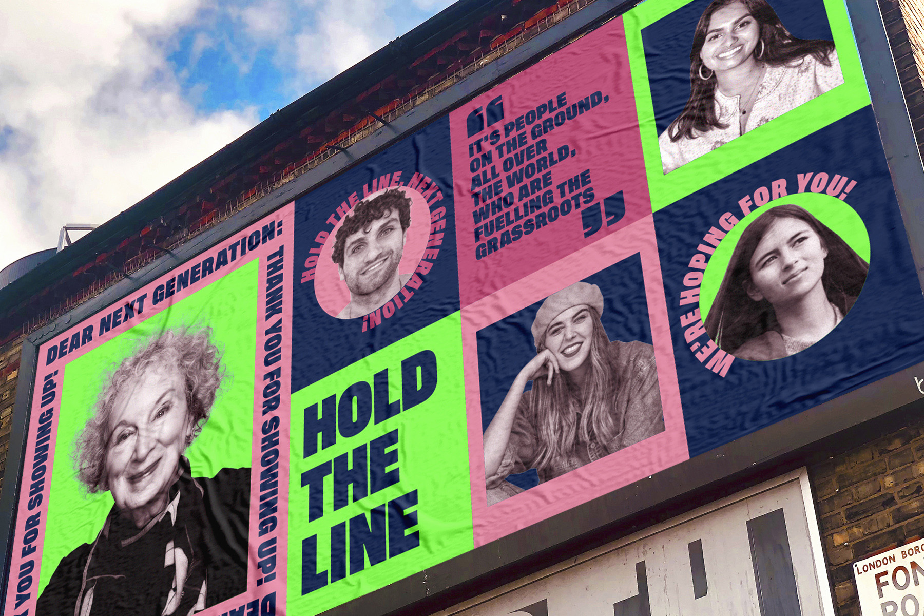 Billboard artwork featuring Margaret Atwood, Adam Eli, Mya-Rose Craig, Amika George and Gina Martin