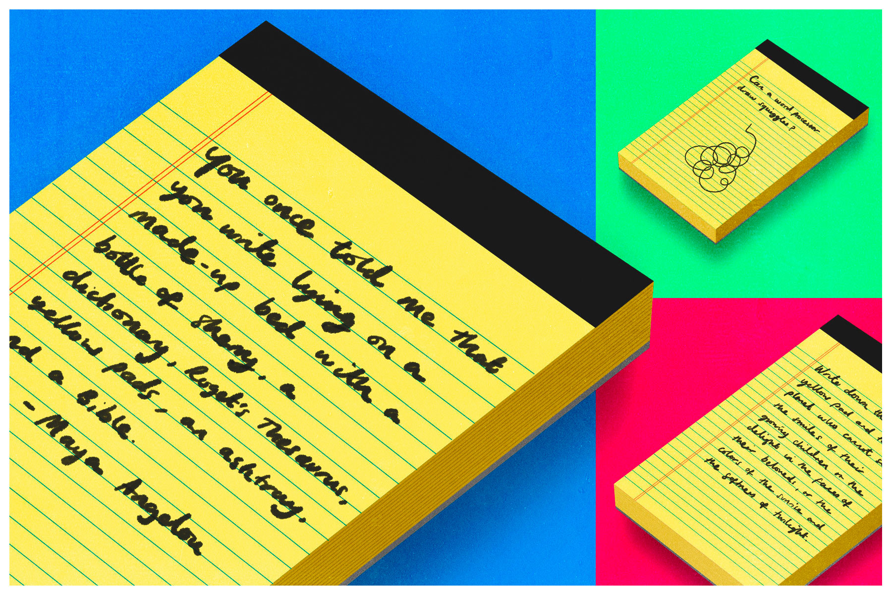An illustration of a yellow legal pad with notes on, recreated in three different boxes