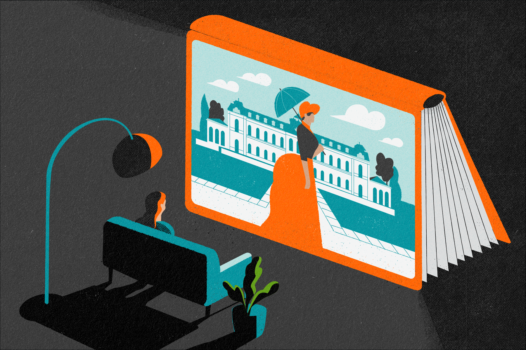 Illustration of someone watching a period drama on a sofa with the book acting as a screen