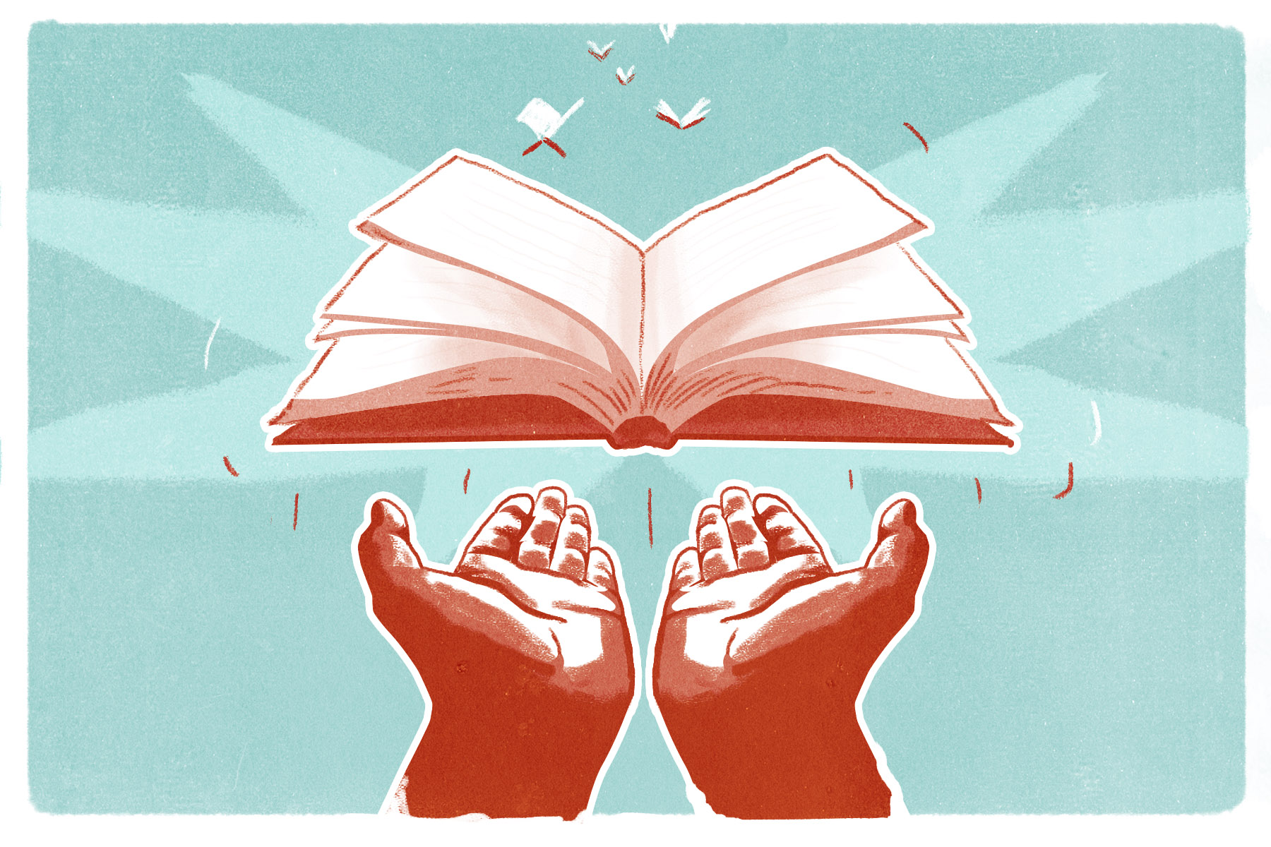 An illustration of a pair of hands setting a book free to fly away, like a bird, into the sky.