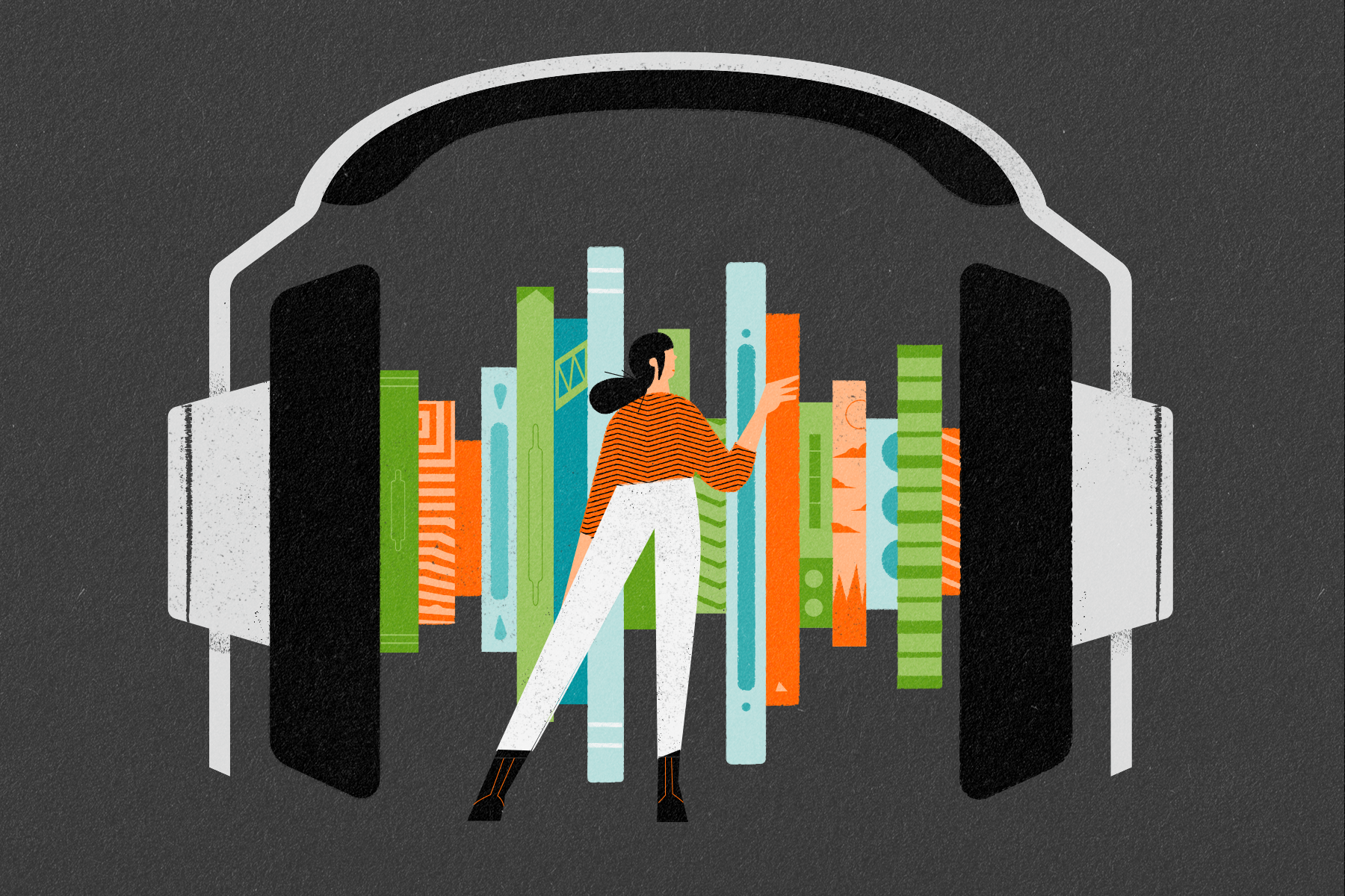 Illustration of someone choosing a book from within a giant pair of headphones