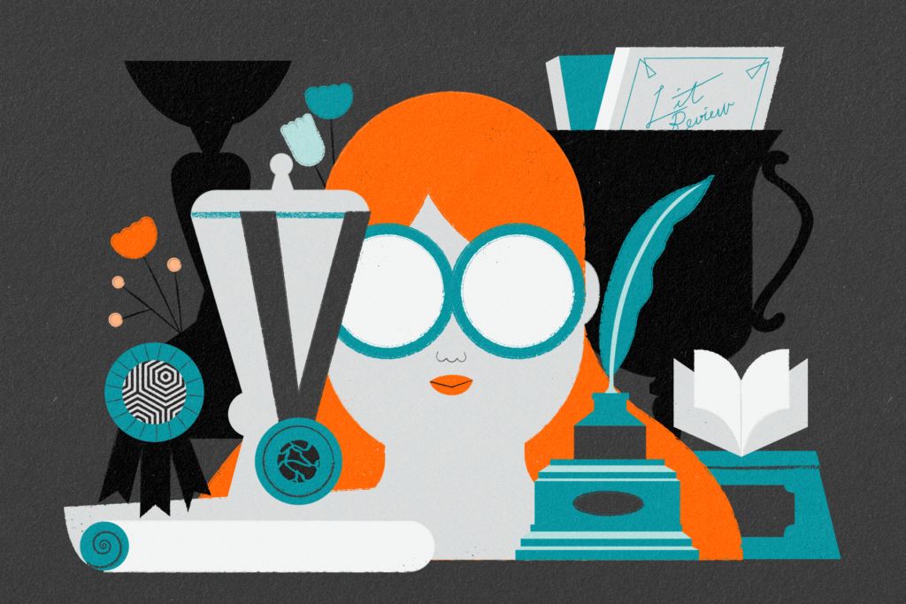 Illustration of person surrounded by trophies, certificates and literary journals/creative writing magazines