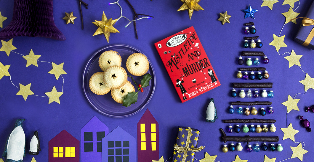 An image of the book Mistletoe and Murder by Robin Stevens on a dark purple background with festive decorations