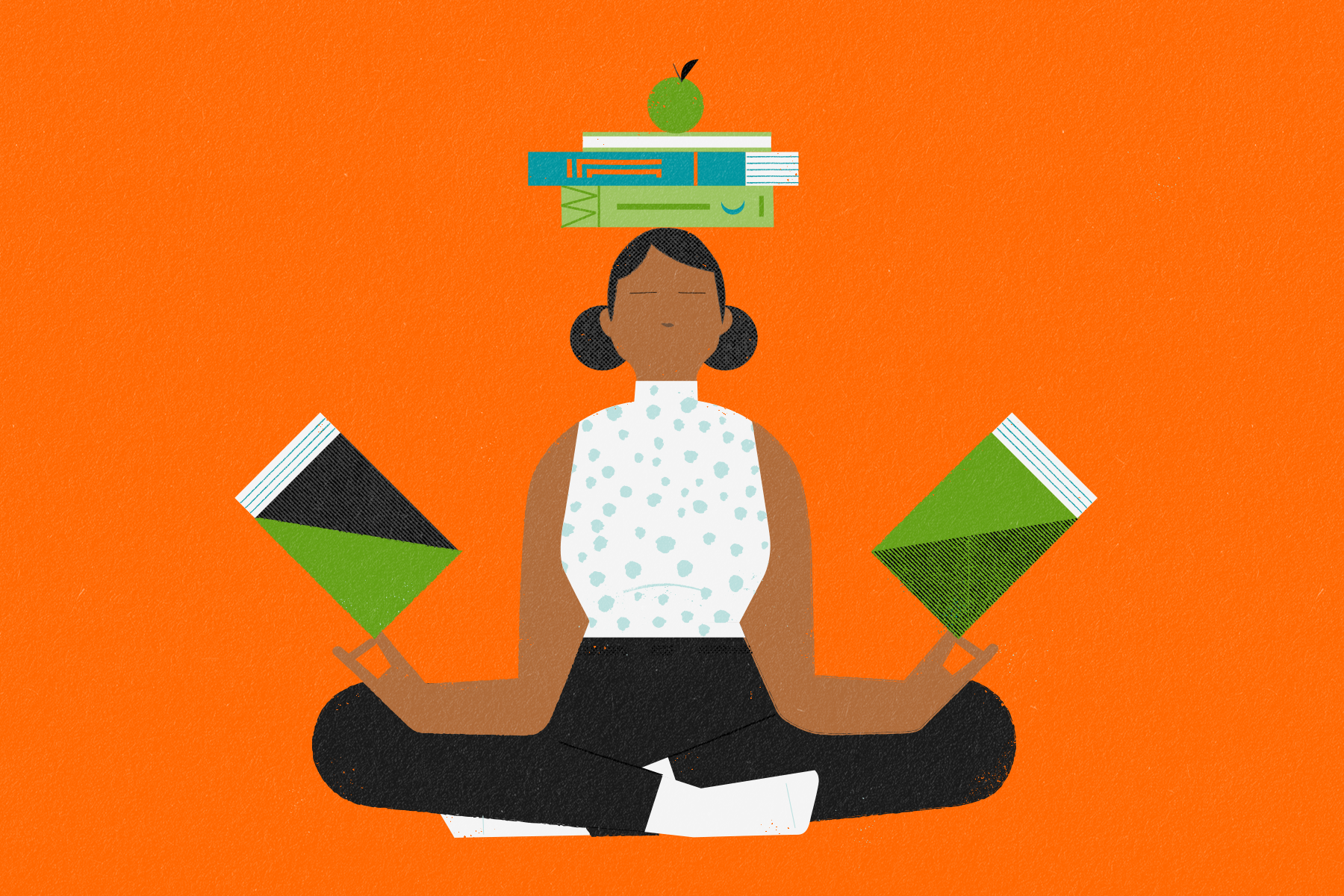 Illustration of someone meditating whilst balancing books on their head and hands