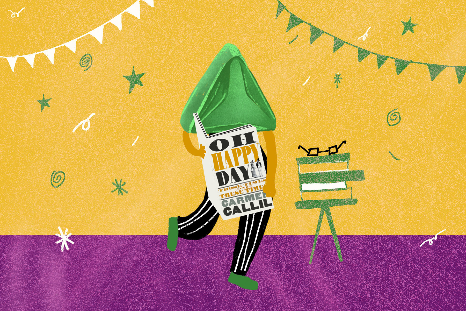An illustration of the Green Triangle chocolate from Quality Street as a person with the sweet as its head, reading Carmen Callil's Oh Happy Day. Image: Alicia Fernandes/Penguin