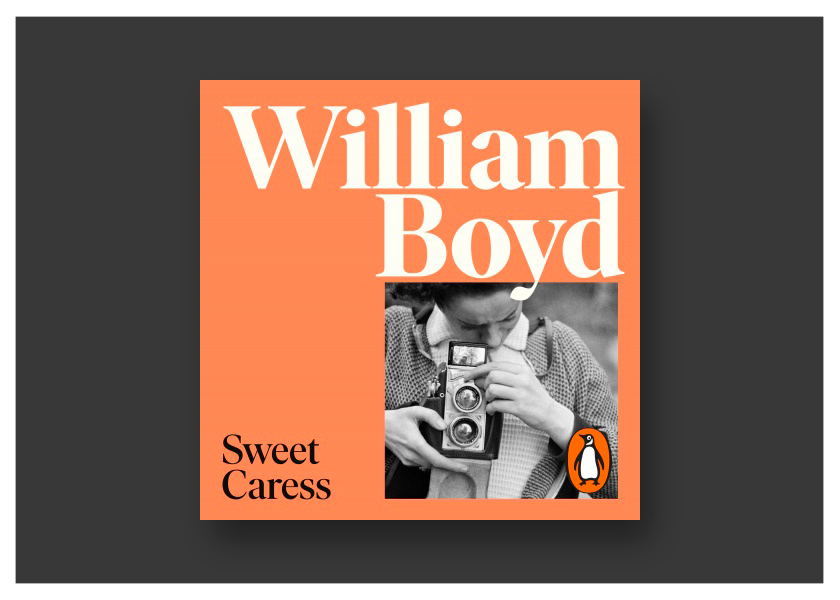 The cover for the audiobook of William Boyd's Sweet Caress on a dark grey background.