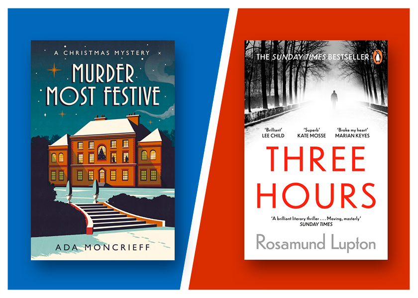 A collage of the covers of Murder Most Festive by Ada Moncrieff on the left on a blue background, and Three Hours by Rosamund Lupton on the right on a red background.