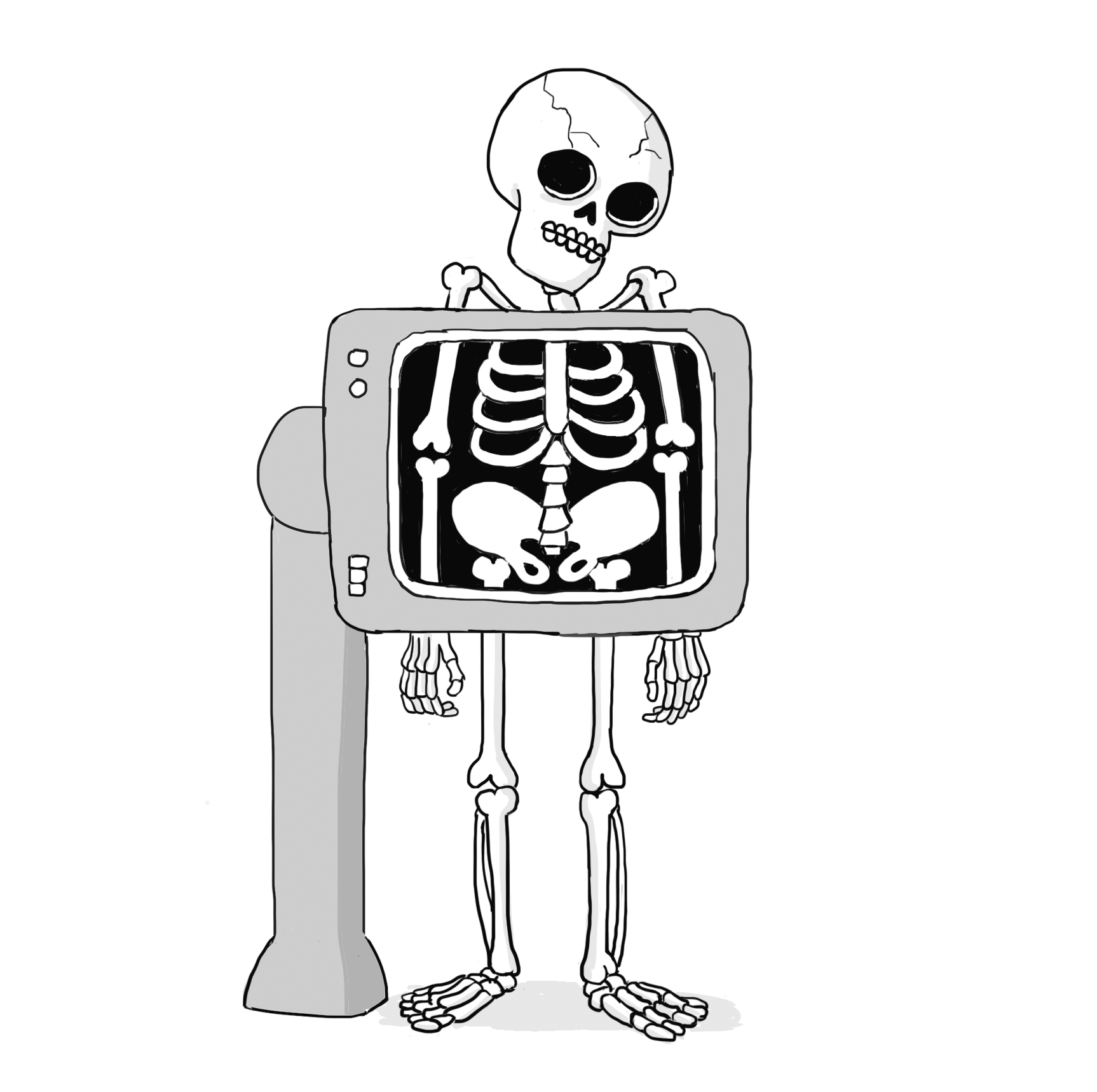 An illustration of skeleton being x-rayed and looking down at the x-ray