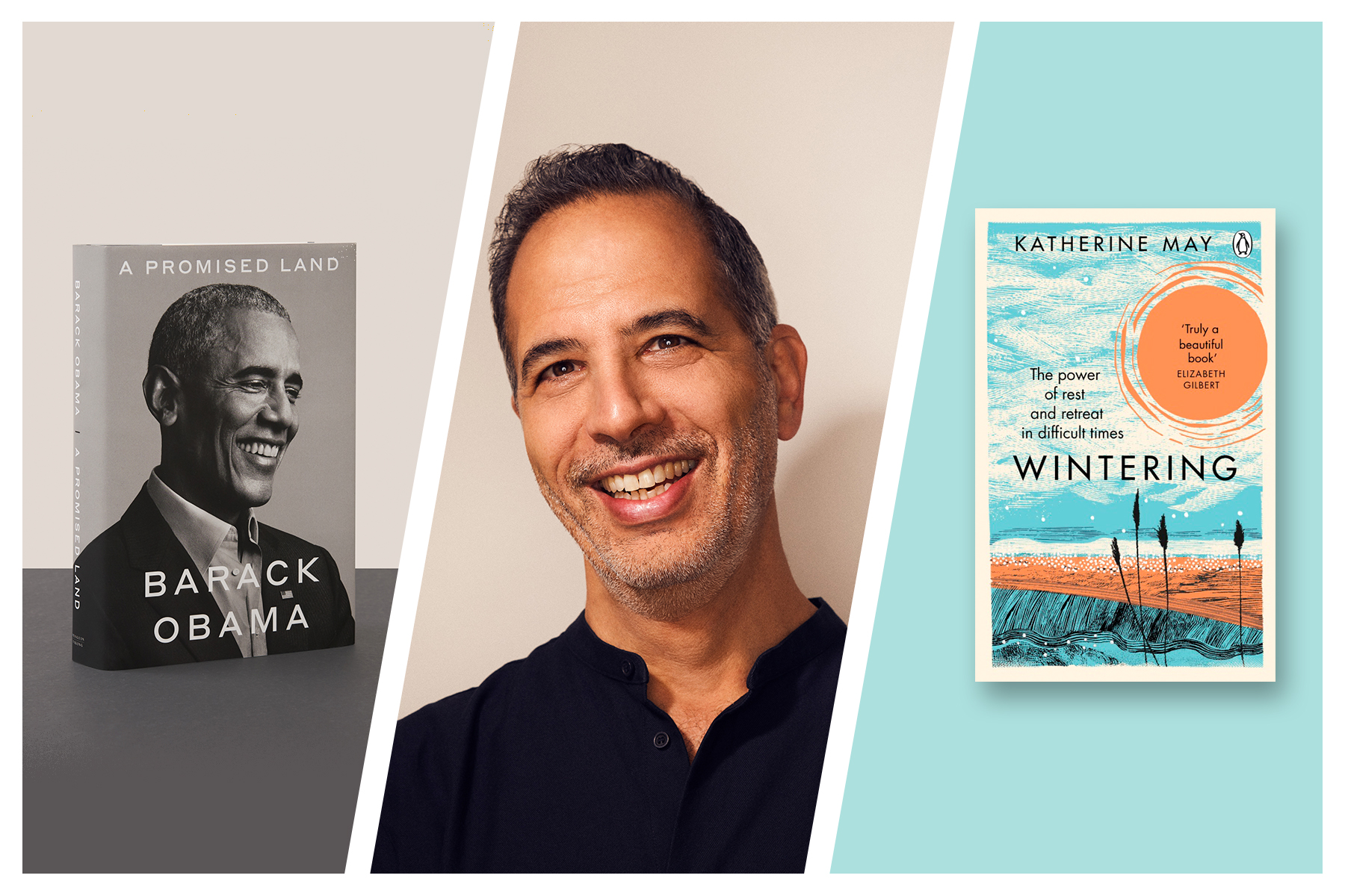 Collage of images, with Barack Obama's A Promised Land on the left, a picture of Yotam Ottolenghi in the centre, and an image of Wintering by Katherine May on the right.