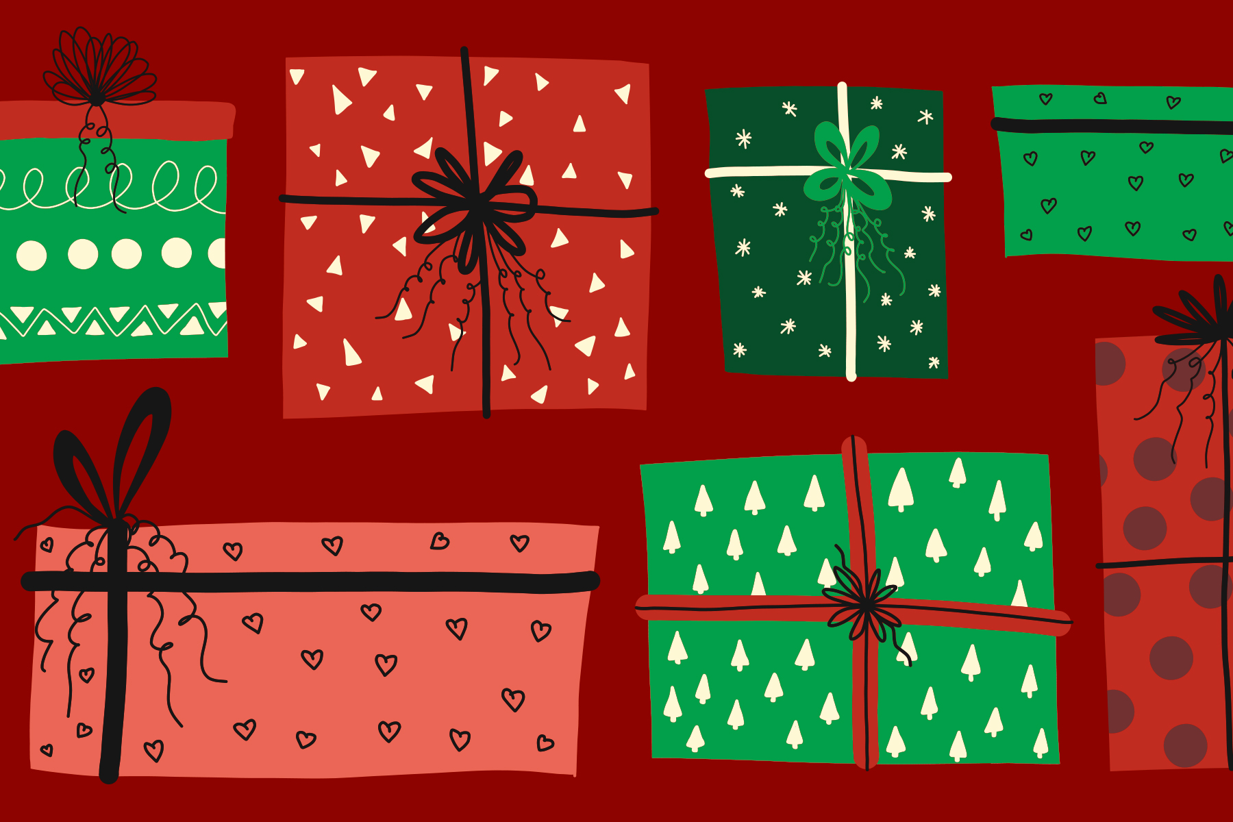 Pictures of presents on a red background