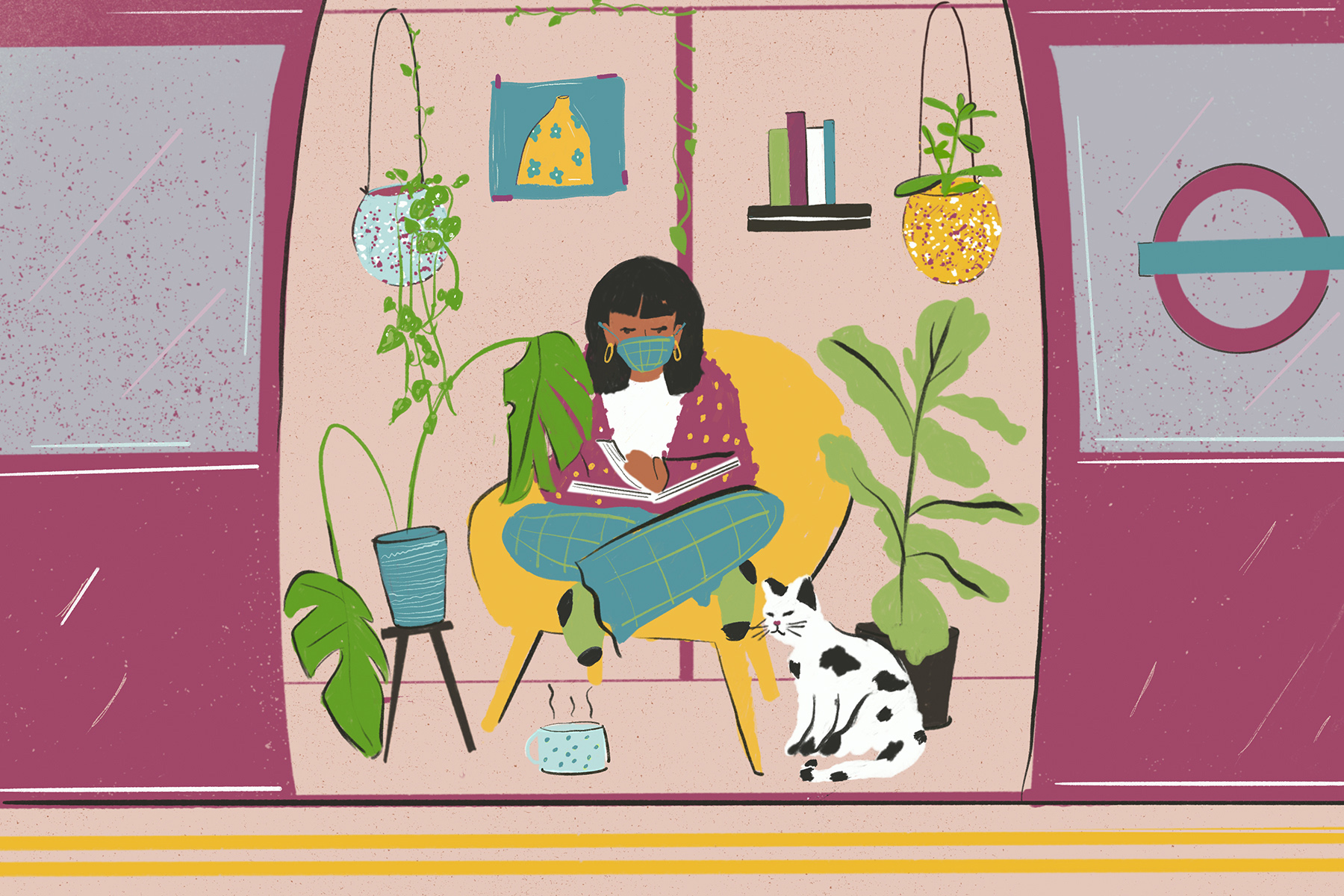 An illustration of a woman reading on a tube carriage, surrounded by plants and pets