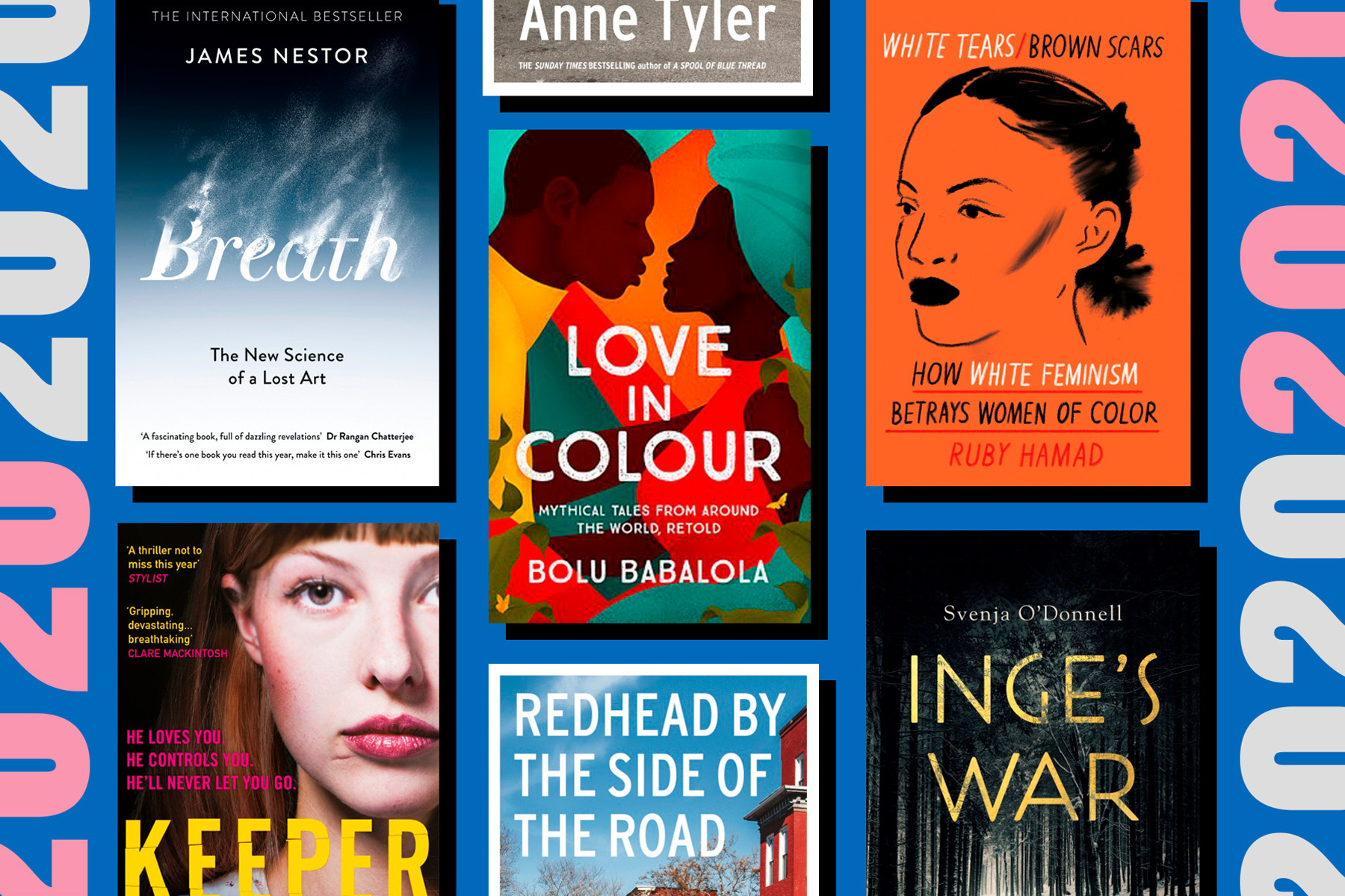The book covers for Breath, Keeper, Love in Colour, Redhead by the Side of the Road, White Tears/Brown Scars and Inge's War on a blue background, with 2020 written down the vertical edge.