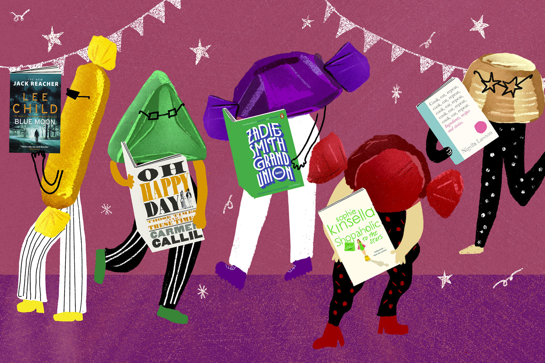An illustration showing five Quality Street sweets - the Toffee Finger, the Green Triangle, The Purple One, a Strawberry Creme and the Caramel Swirl, as "people" reading books. Image: Alicia Fernandes/Penguin