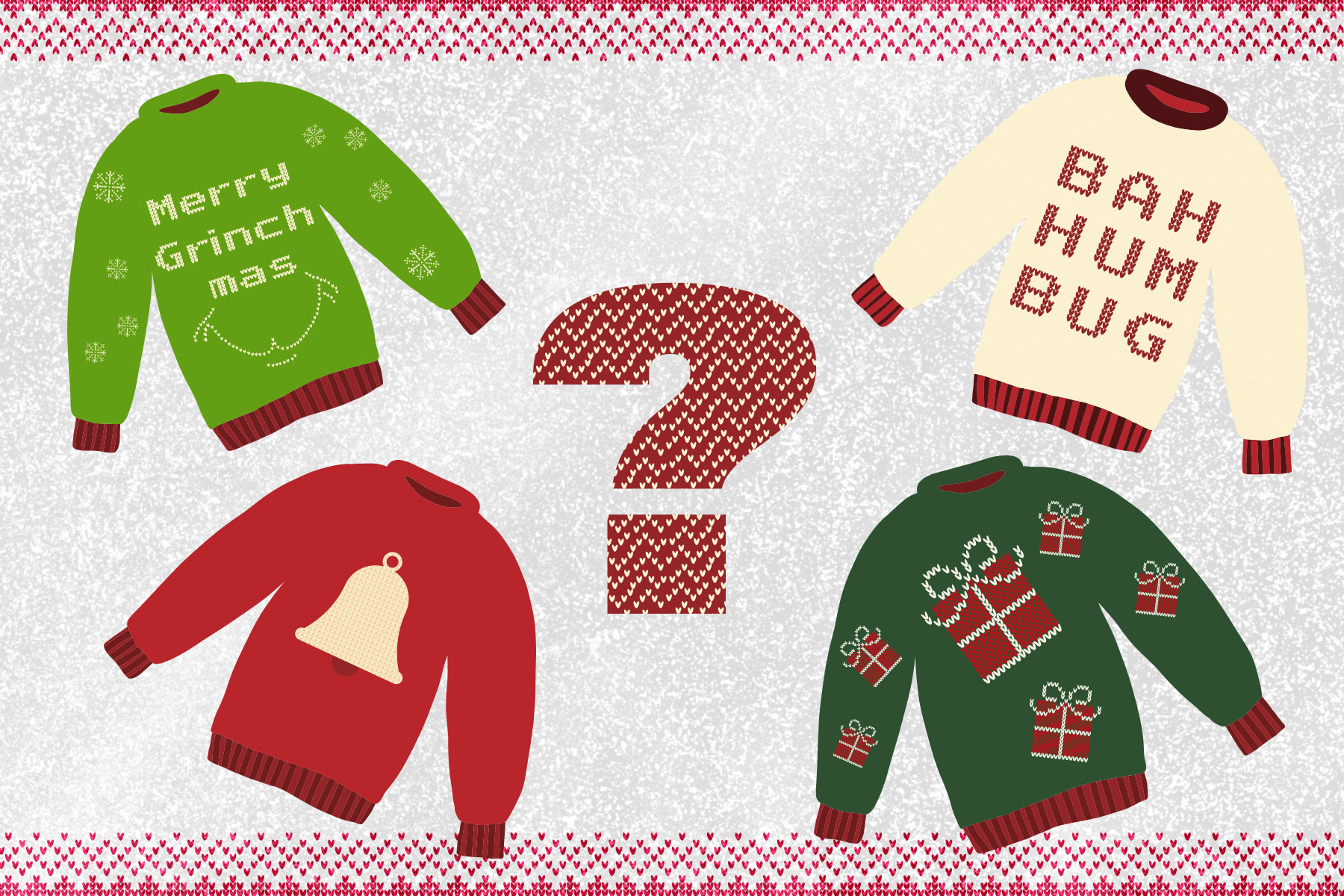 An illustration of Christmas sweaters with various holiday symbols on them.