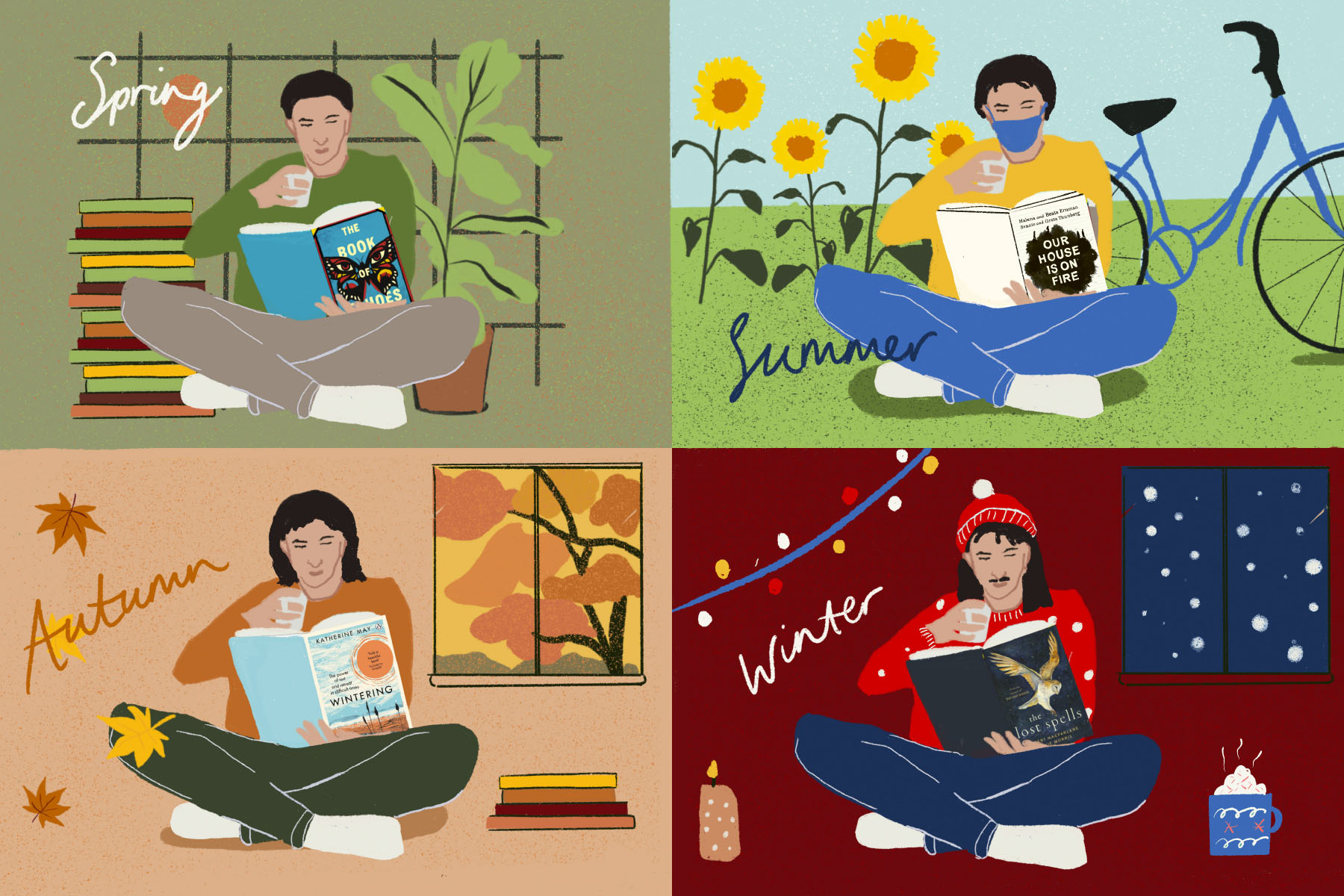 A collage of four images, each showing a person reading books - one image each shows the person in spring, summer, autumn and winter, with their hair getting longer as time progresses.