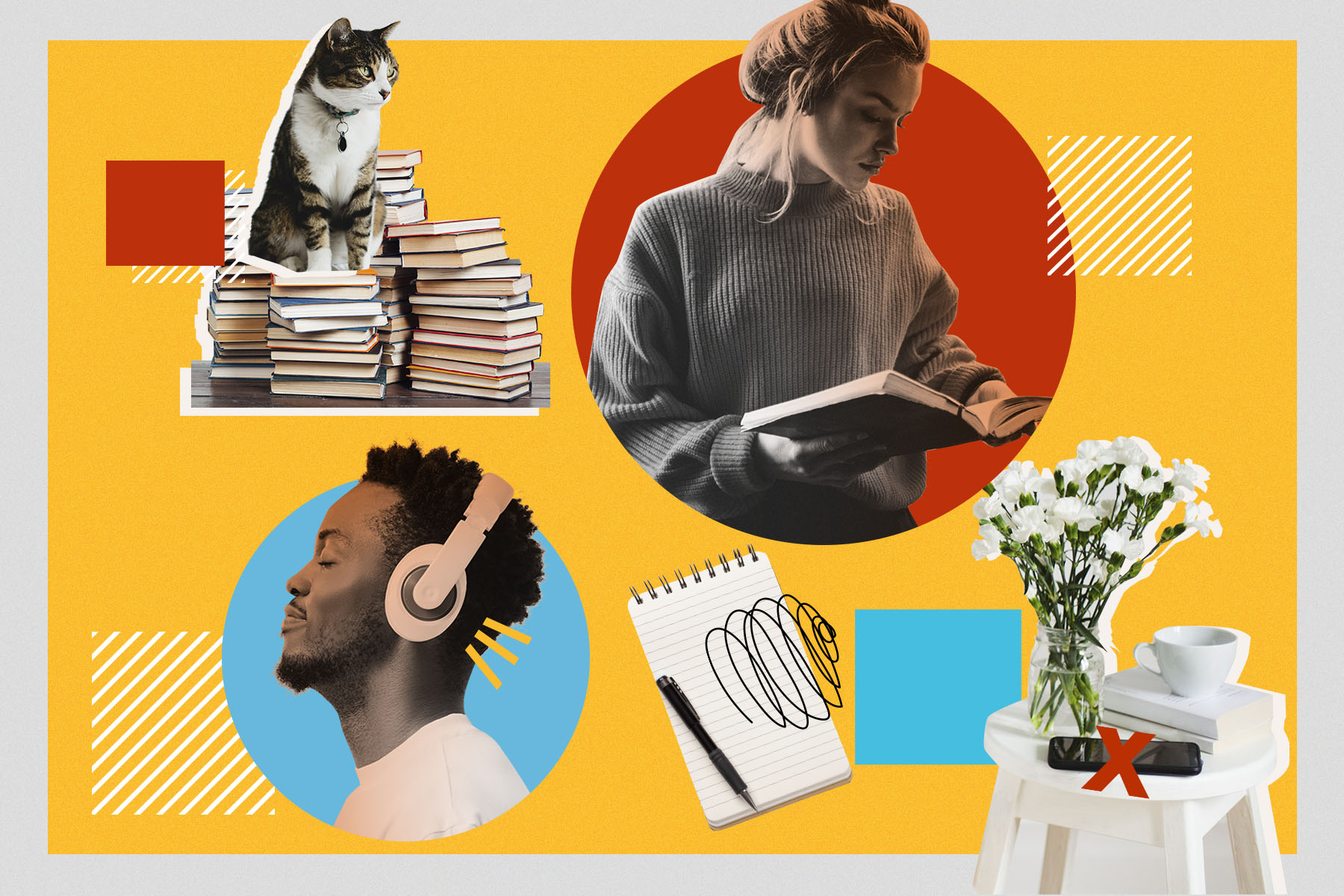 Collage of images, including a cat sitting on a stack of books, a woman in a sweater reading a book, a man with headphones on and a bedside table with flowers on it, and a phone with a red cross over the phone.