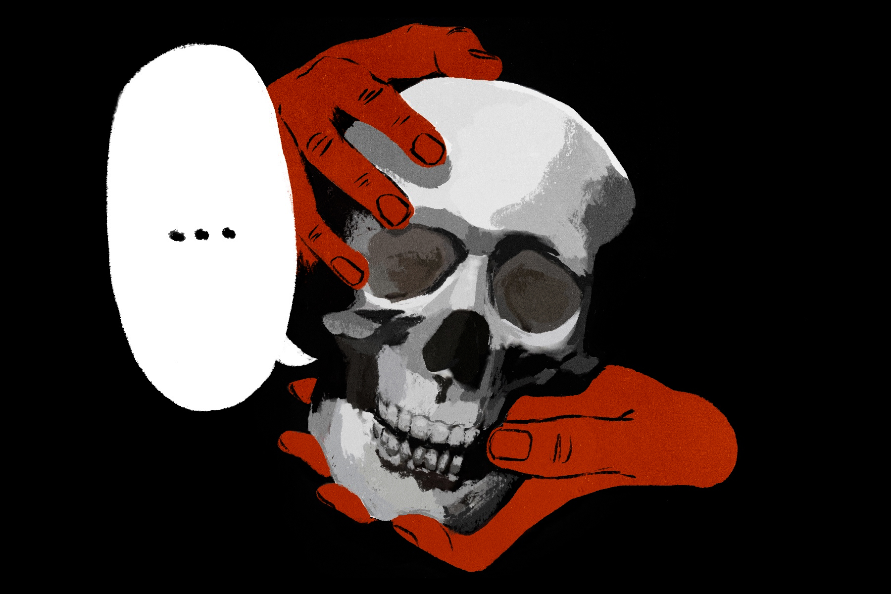 An illustration of a skull, positioned between two hands, with a speech bubble