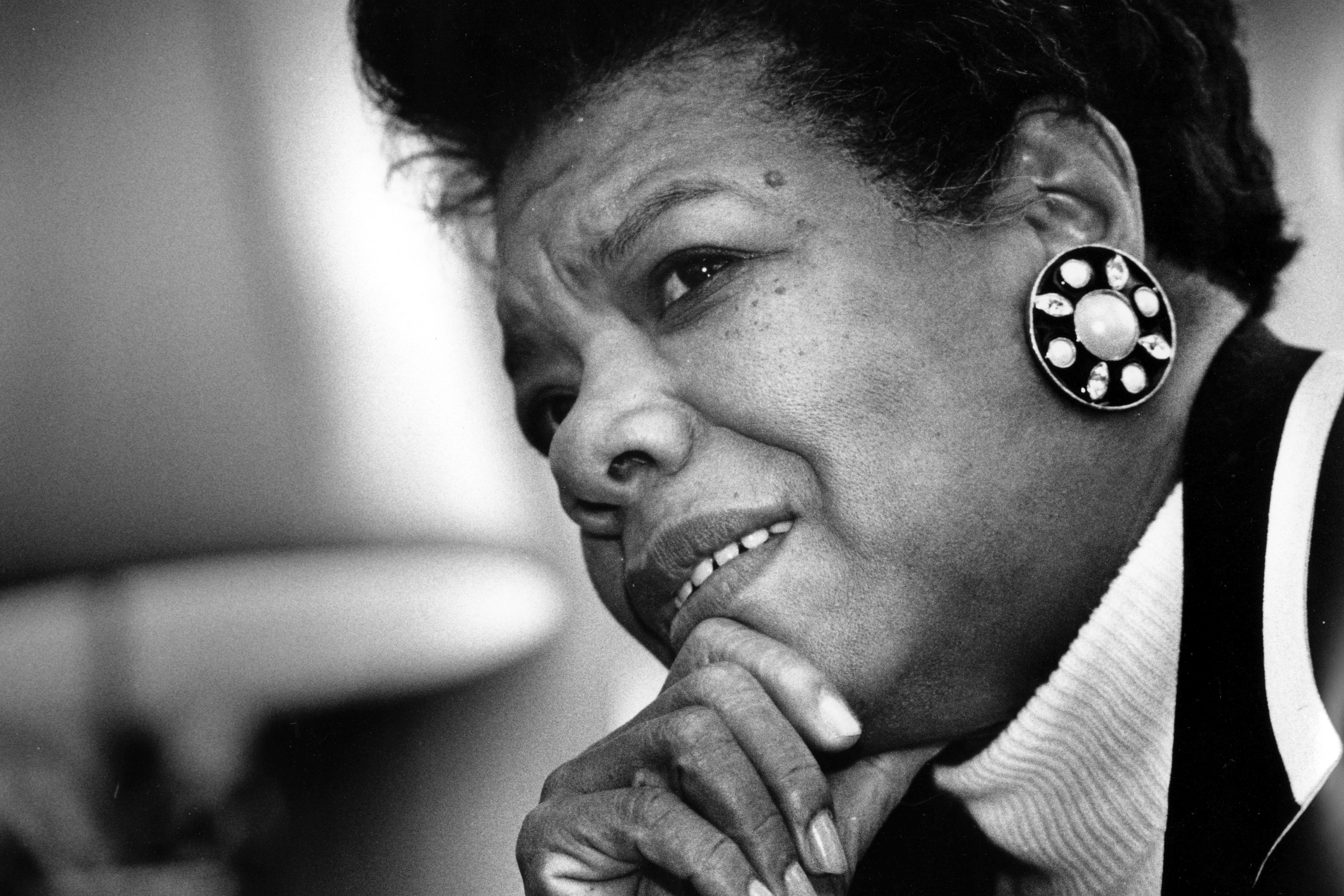A black-and-white photograph of Maya Angelou