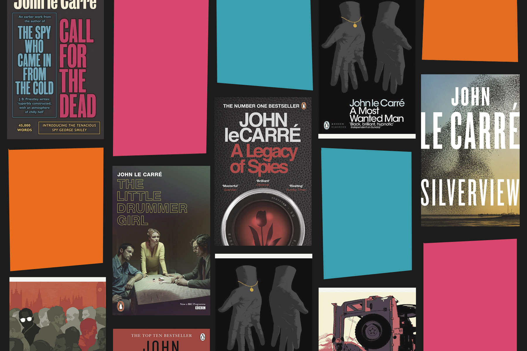 Image of coloured blocks and John le Carre book covers on a black background