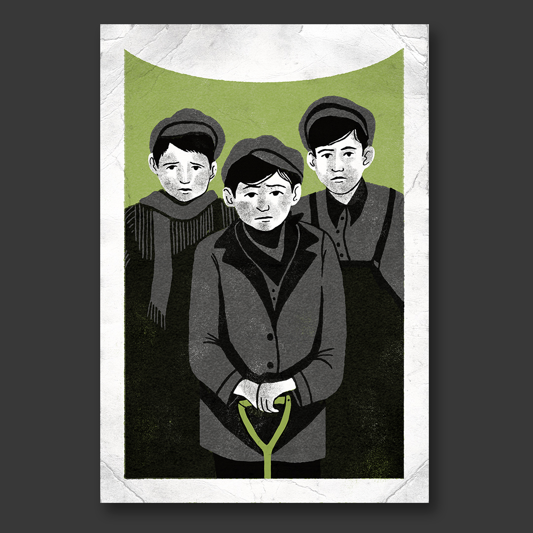An illustration of three children, looking sad and hungry, against a green background