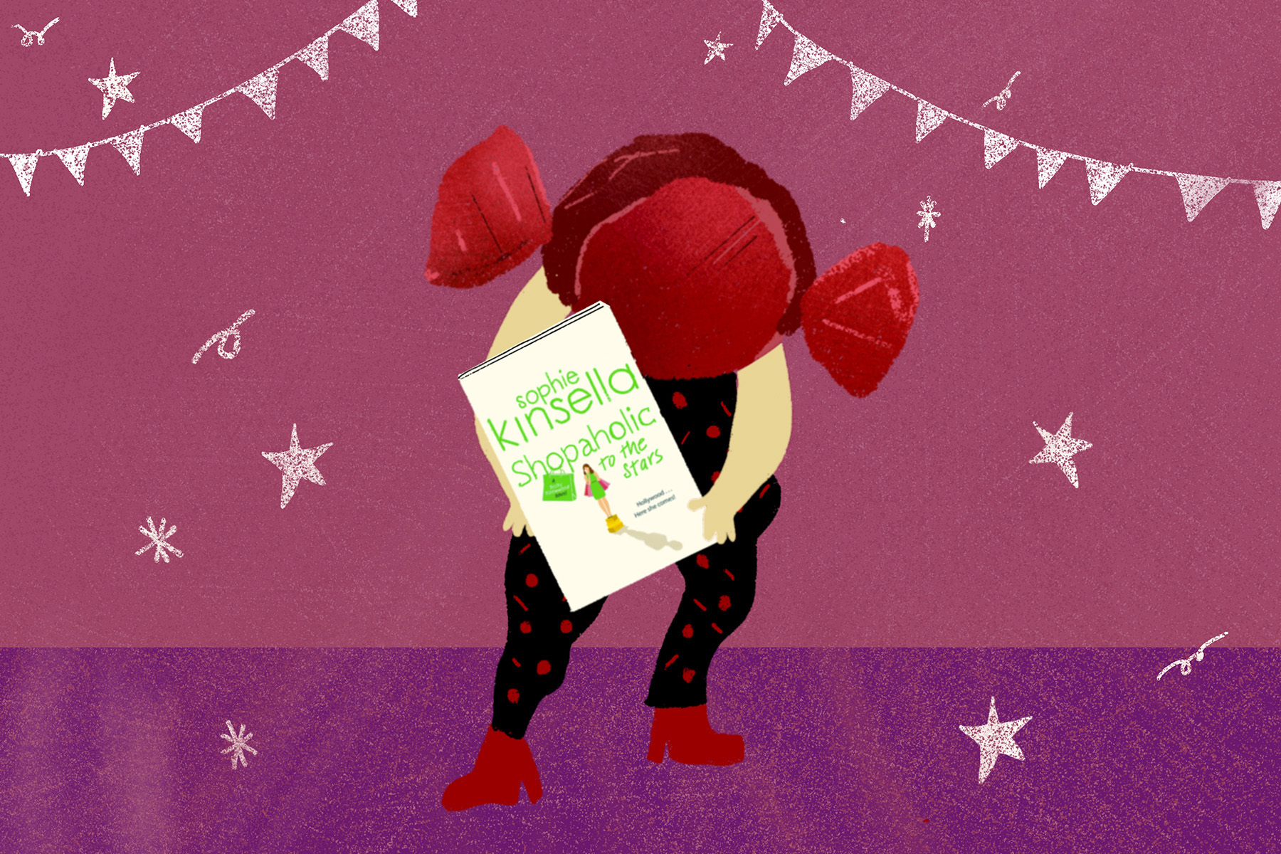 An illustration of the Strawberry Delight chocolate from Quality Street as a person with the sweet as its head, reading Sophia Kinsella's Shopaholic. Image: Alicia Fernandes/Penguin