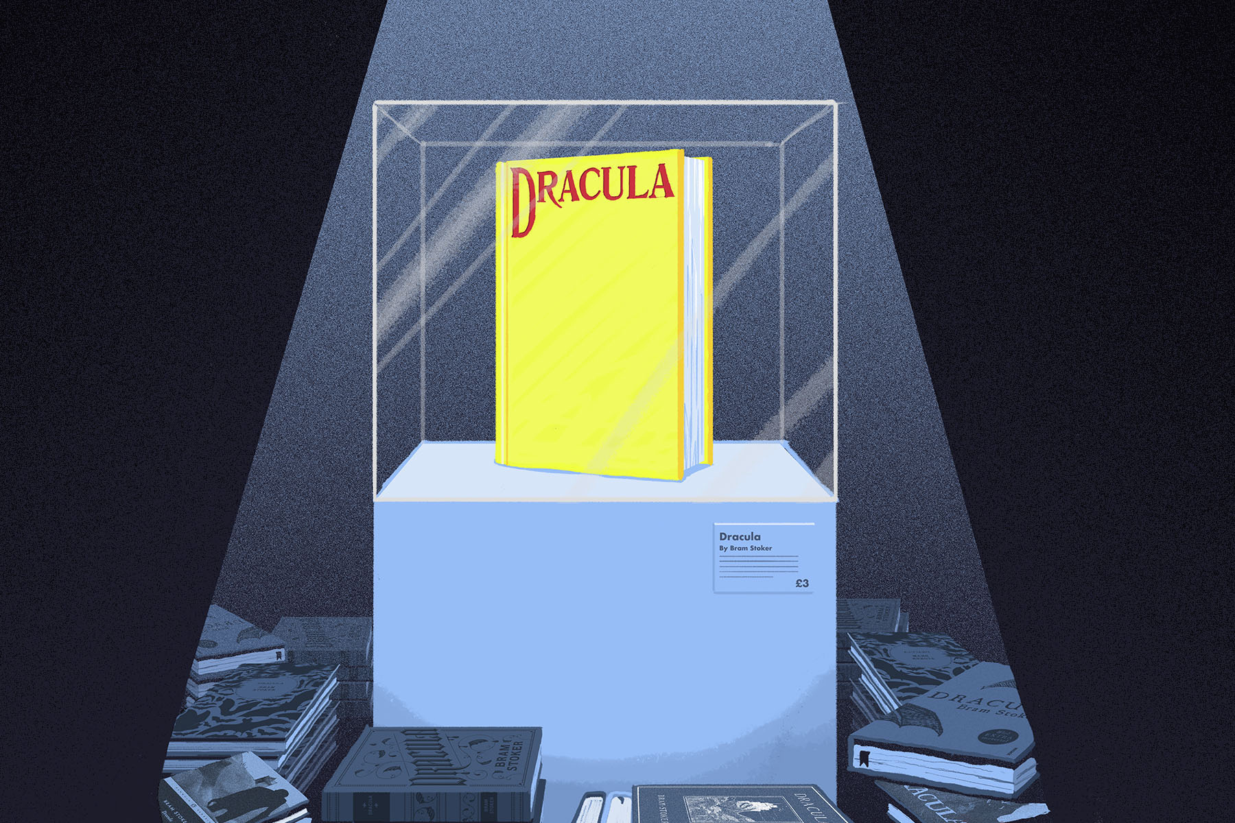 An illustration of a yellow book, with the title Dracula in red, on a white podium in blue light