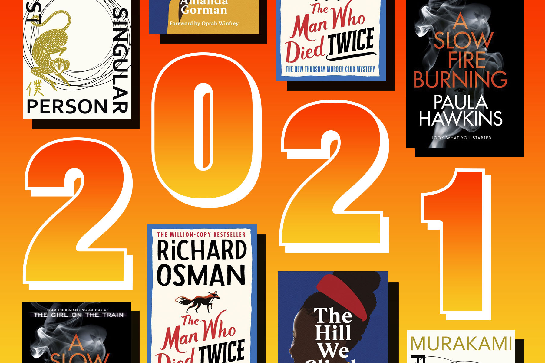 2021 written in block numerals on an orange background, with various book covers above and below it.