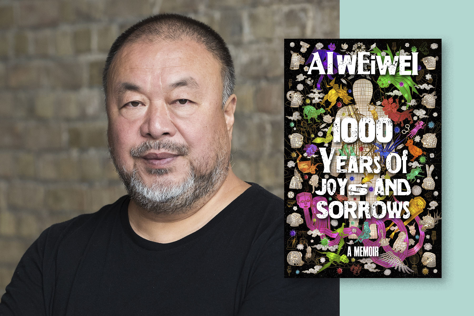 Picture of Ai Weiwei alongside an image of his new book, 1000 Years of Joys and Sorrows