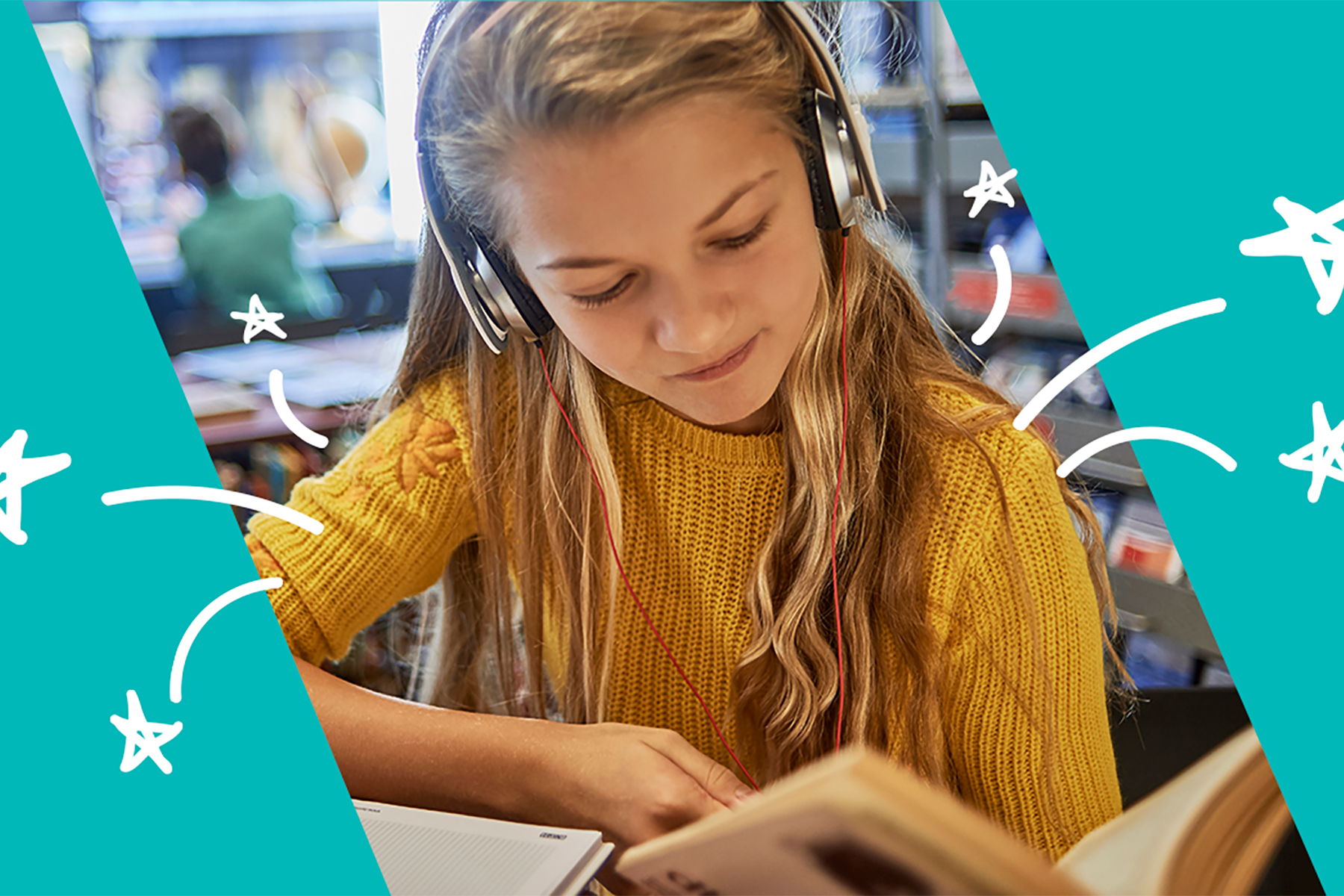 A photo of a young girl with headphones on reading a book 