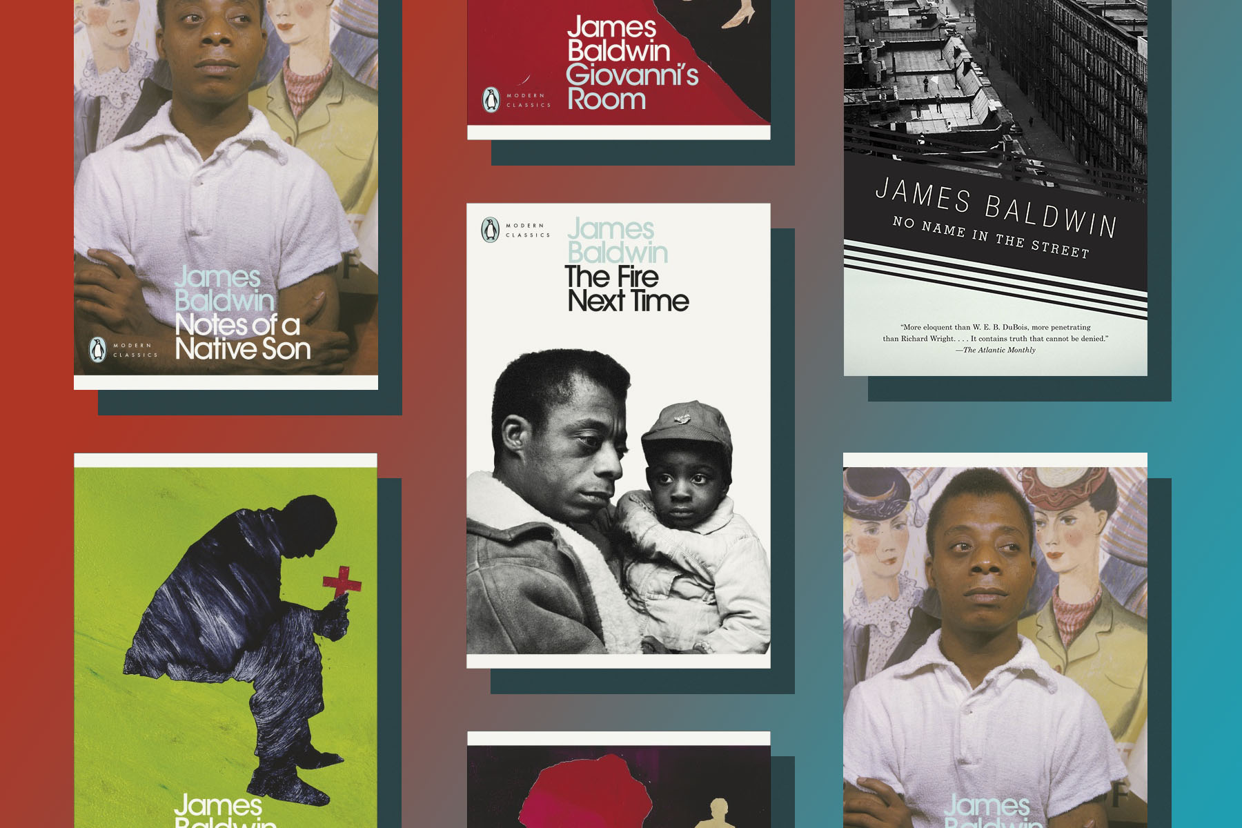 A flatlay of some of James Baldwin's most notable works. 