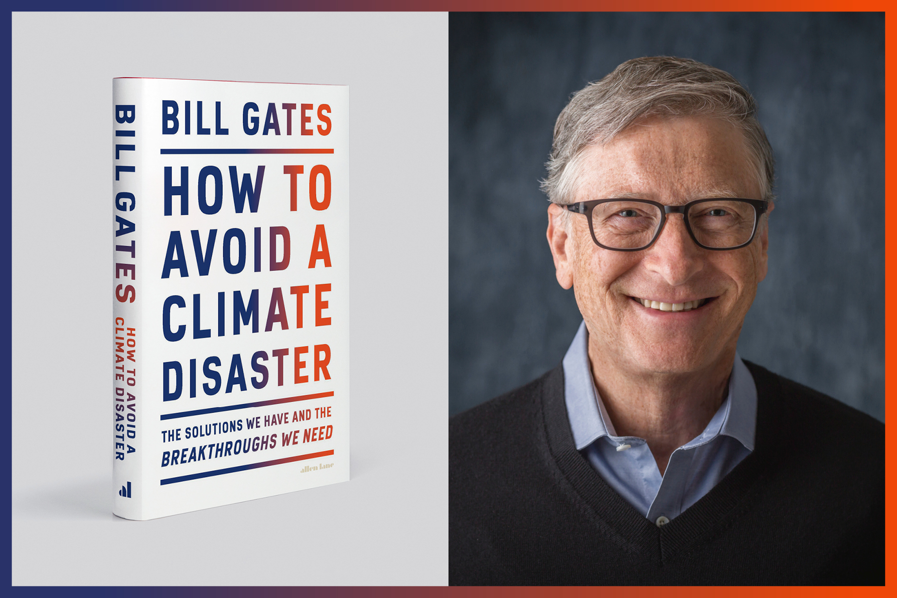 A portrait of Bill Gates side-by-side with the cover of his book