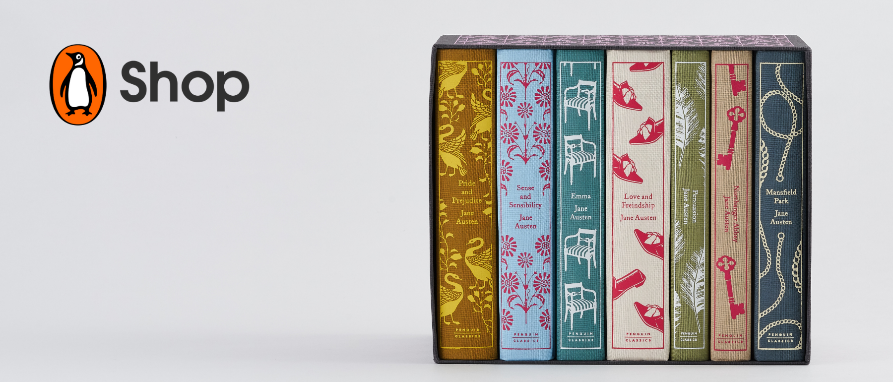 A boxed set of Jane Austen books against a grey background, with the Penguin Shop logo in the corner