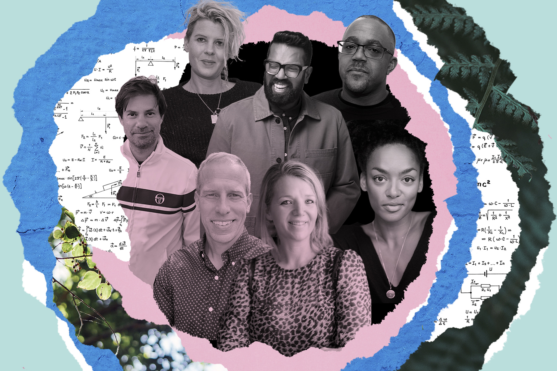 A photo collage of authors Romesh Ranganathan, Clover Stroud, Sam Copeland and more in a series of rough concentric circles.