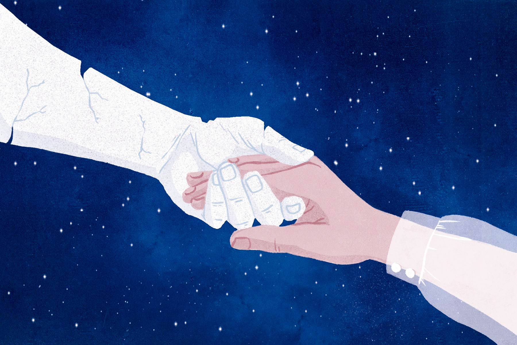 An illustration of a stone hand reaching a human hand under a starry sky against a beach backdrop