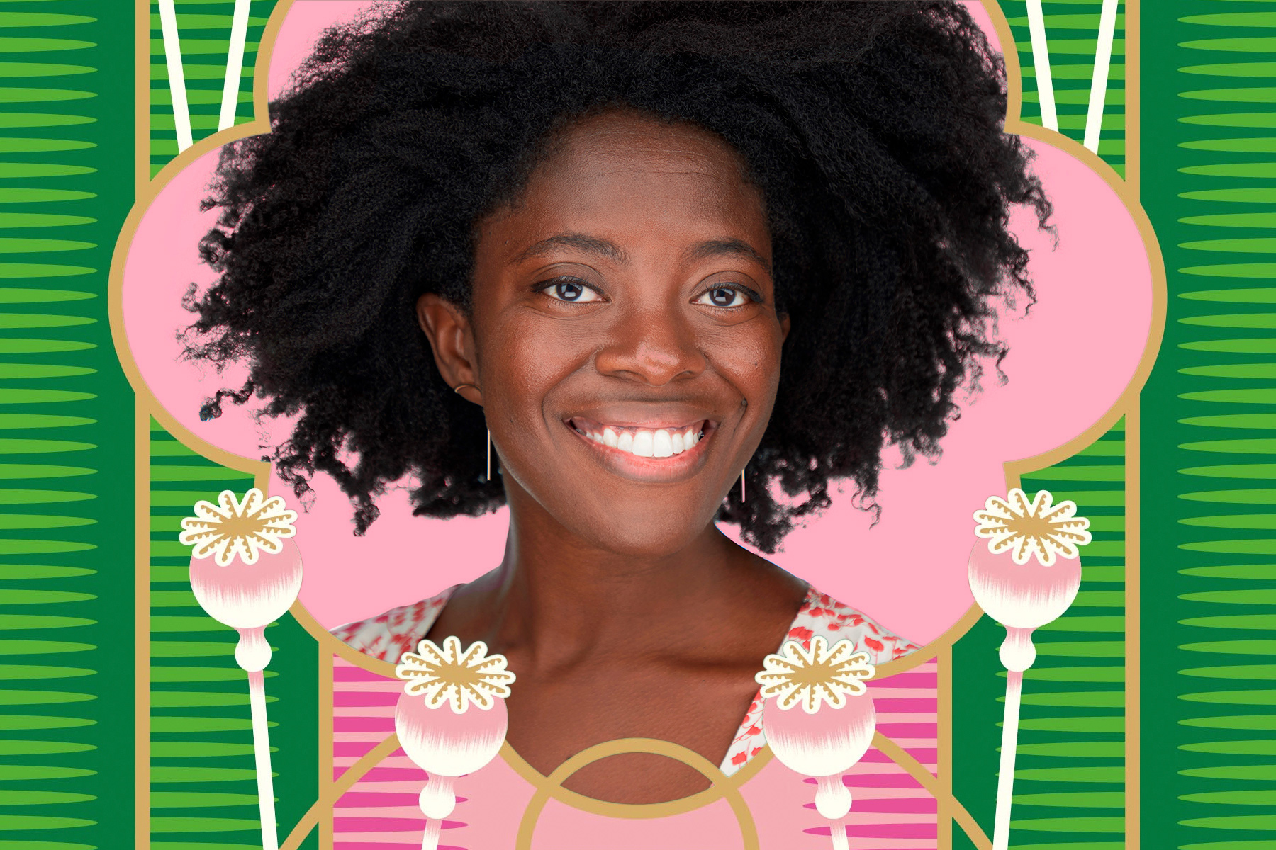 A photograph of Yaa Gyasi surrounded by the flowers and patterns of her book cover