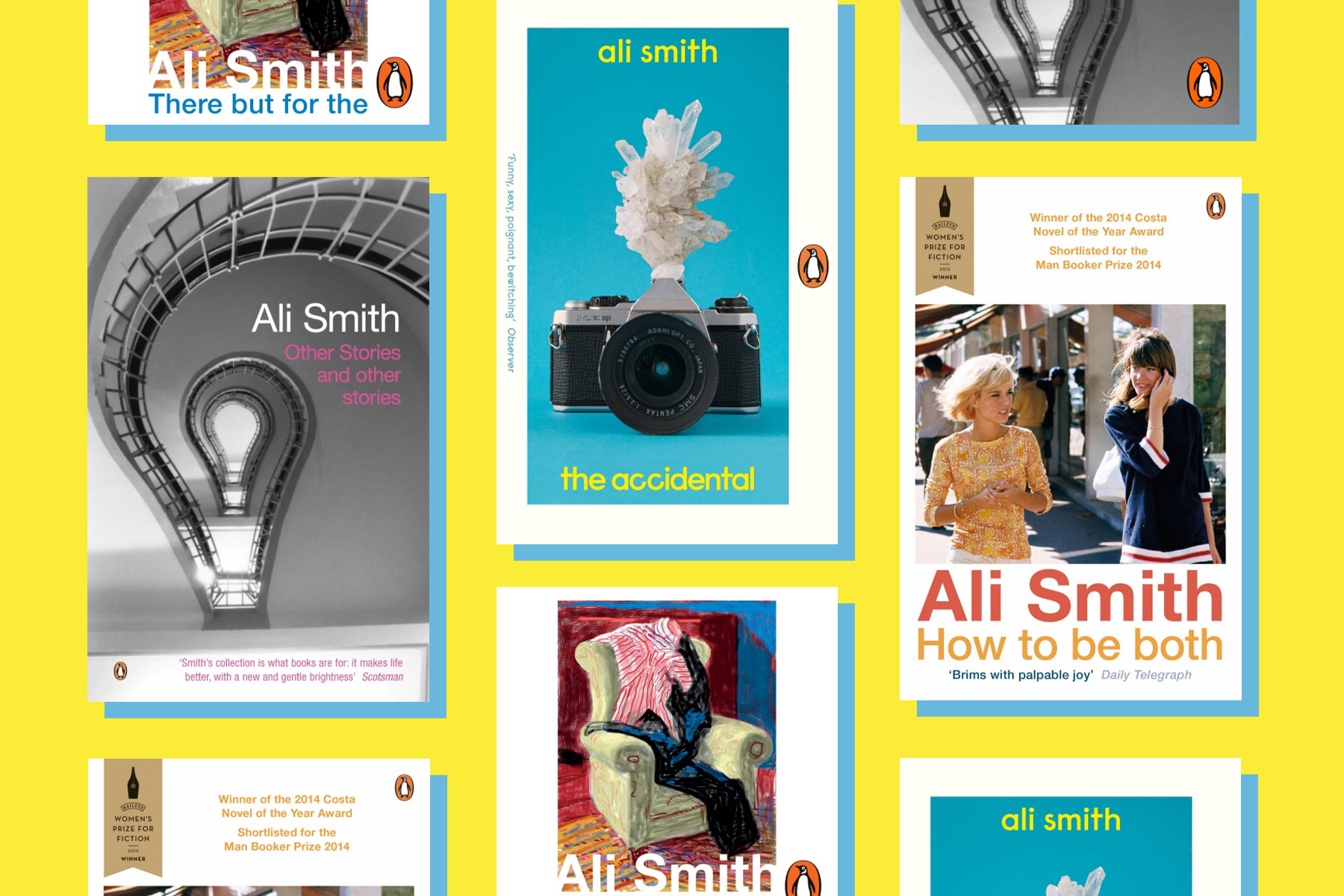 A collage of Ali Smith book covers on a bright yellow background.