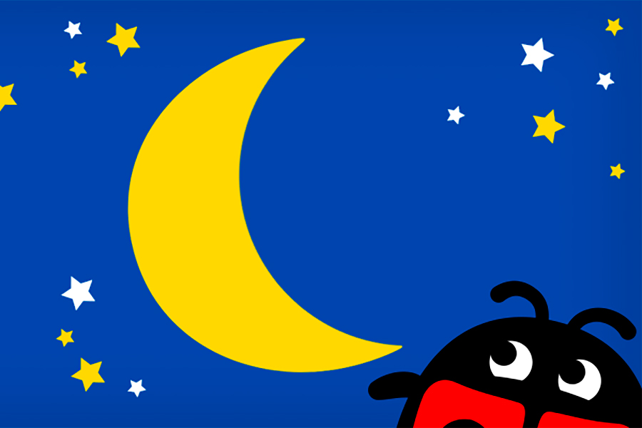An image of in illustrated yellow moon on a dark blue background surrounded by little stars and a ladybird next to it