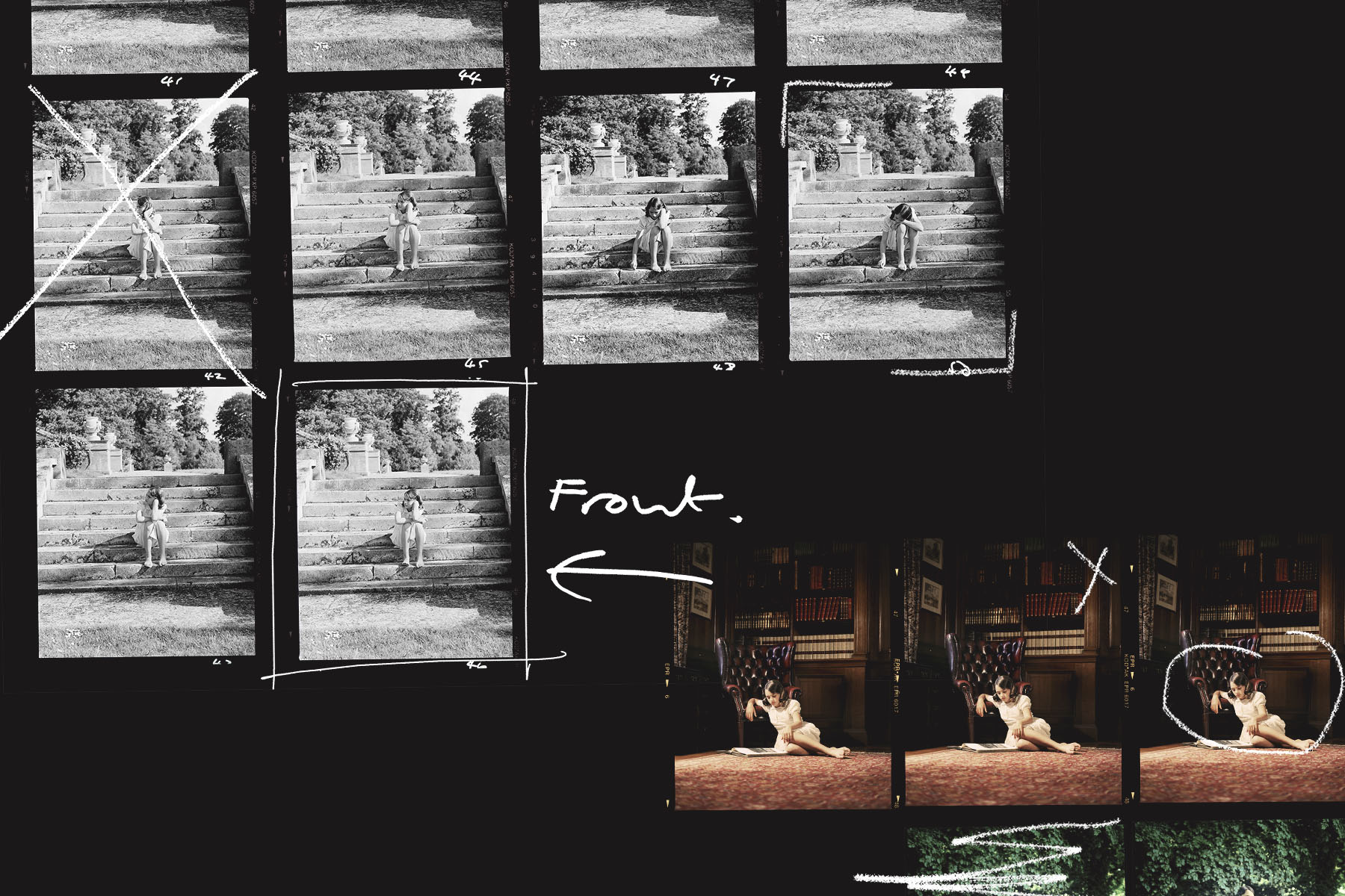 A photograph of black and white, and colour contact sheets from the Atonement shoot. 