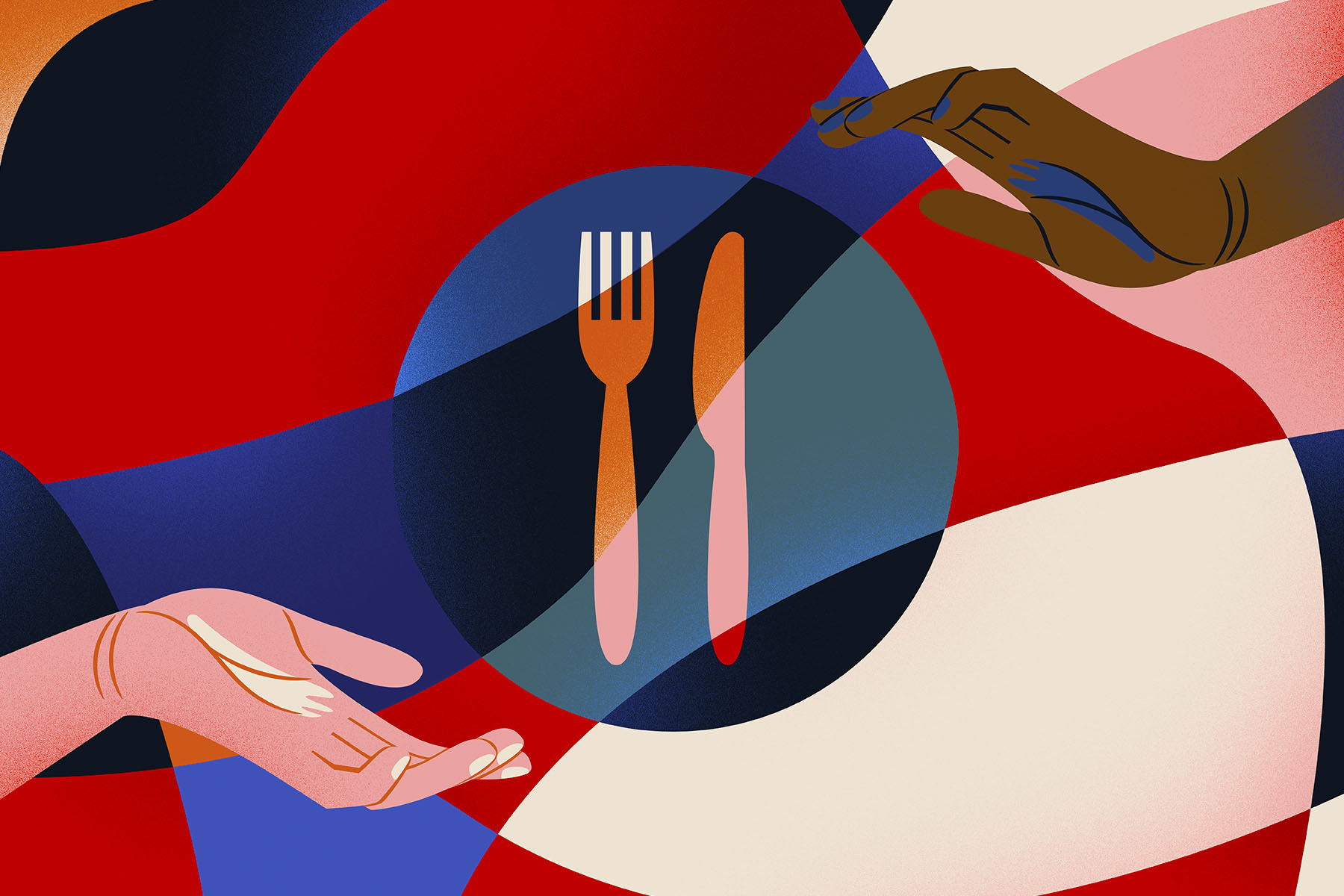 An illustration of a white hand and a brown hand coming together over a plate with a knife and fork on, against a multi-coloured background