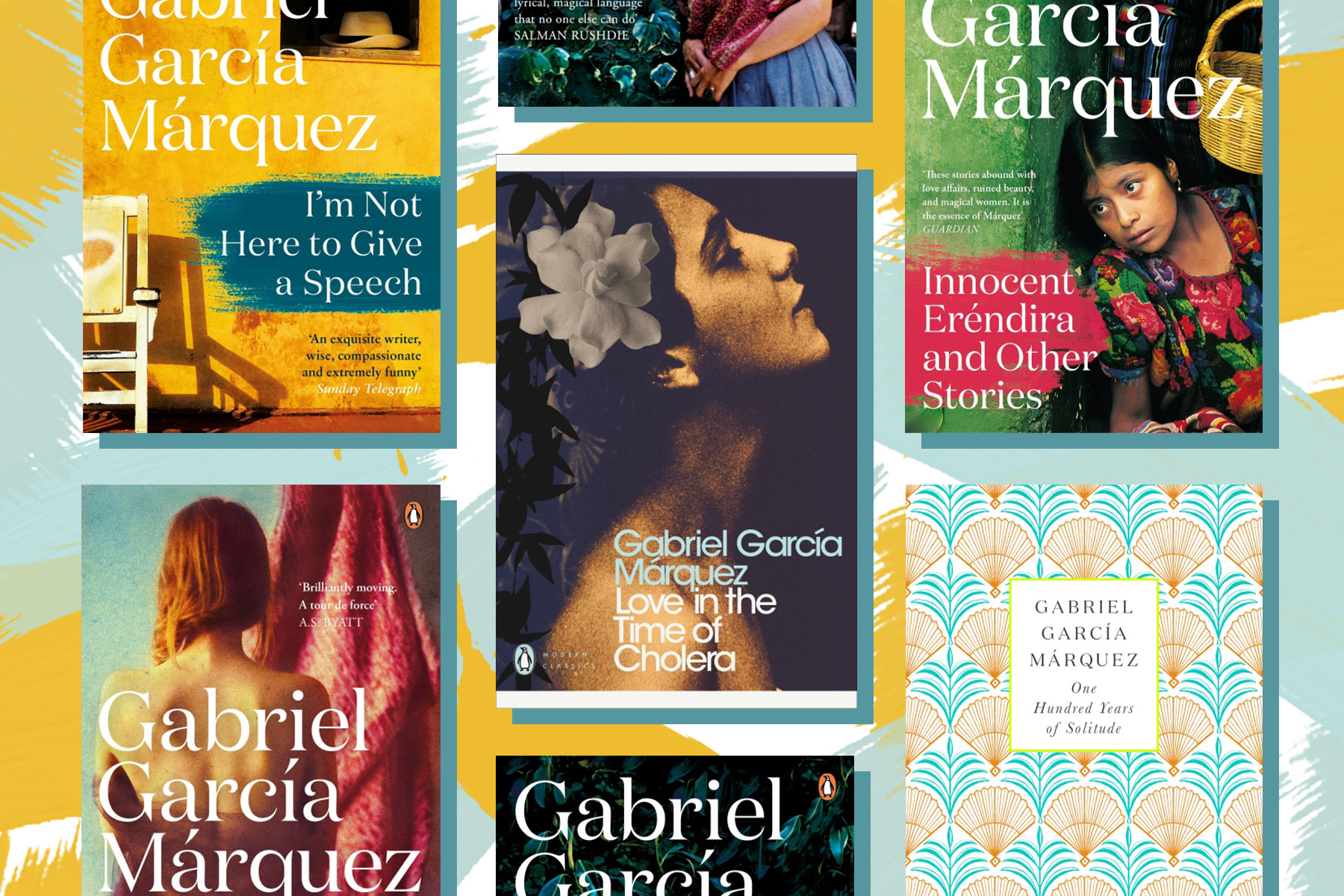 Gabriel Garcia Márquez's books on a yellow and pale blue background.