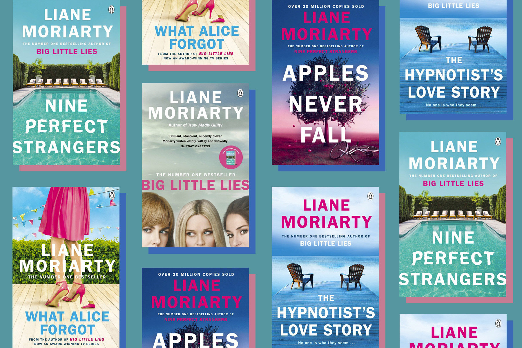 Covers of Liane Moriarty's books against a blue background.
