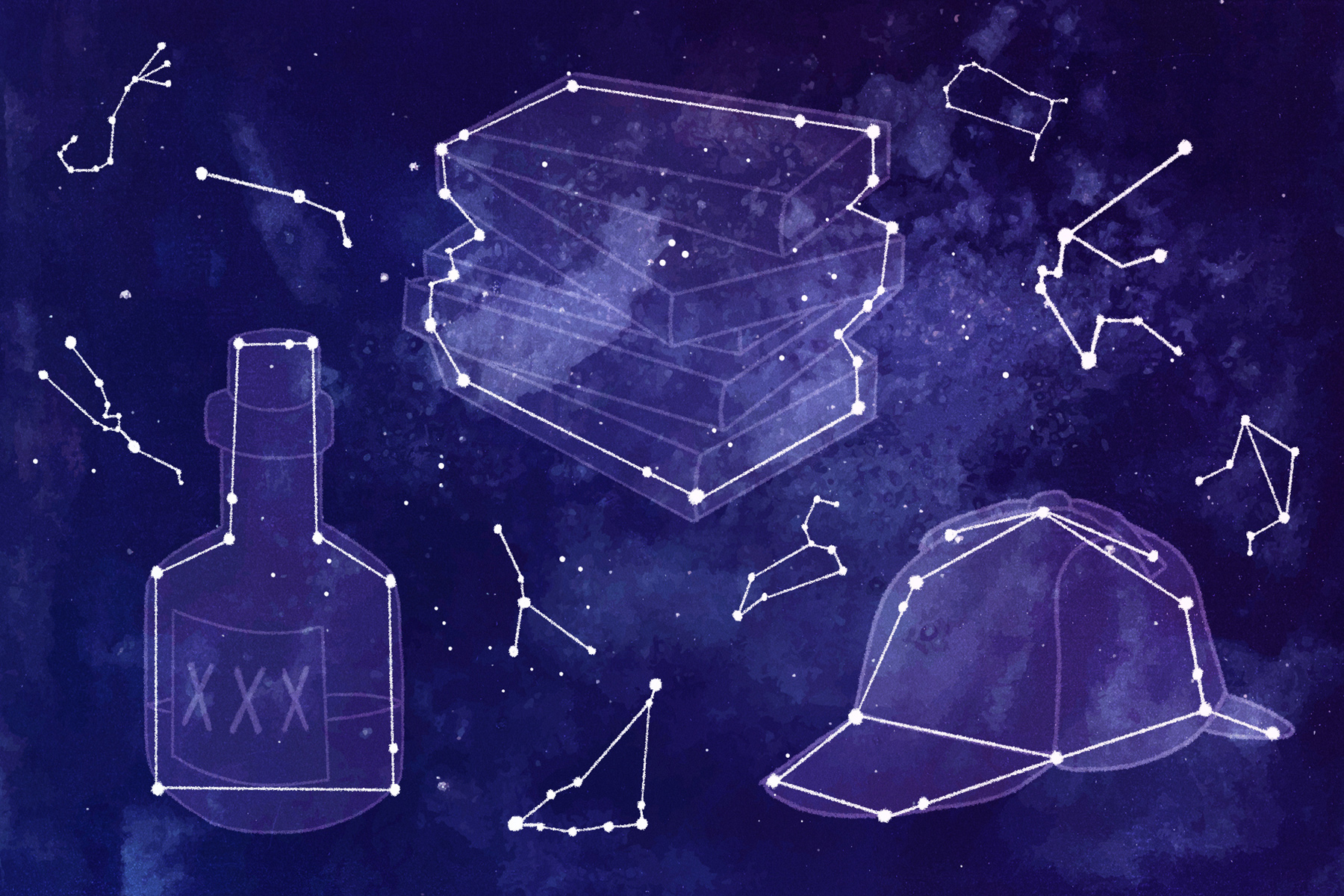 An illustration showing constellations around literary objects, such as a stack of books and a deerstalker.