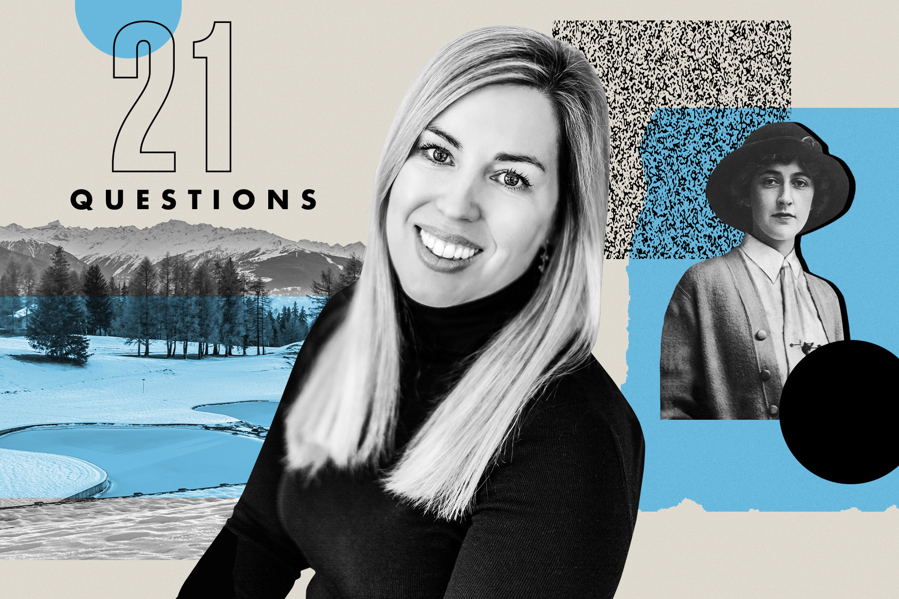 A photo of Sarah Pearse in black and white against an blue-tinged background, with a ski slope, Agatha Christie and the words "21 questions" in the top right hand corner 